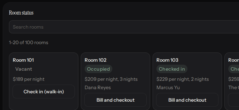 The Front Desk room cards show vacant, occupied and checked-in rooms with their rates and next actions.