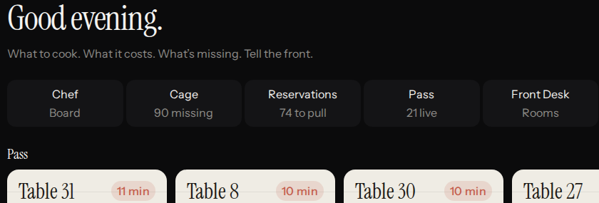 House Today shows the Chef, Cage, Reservations, Pass and Front Desk entry points, with waiting-table cards beginning below.
