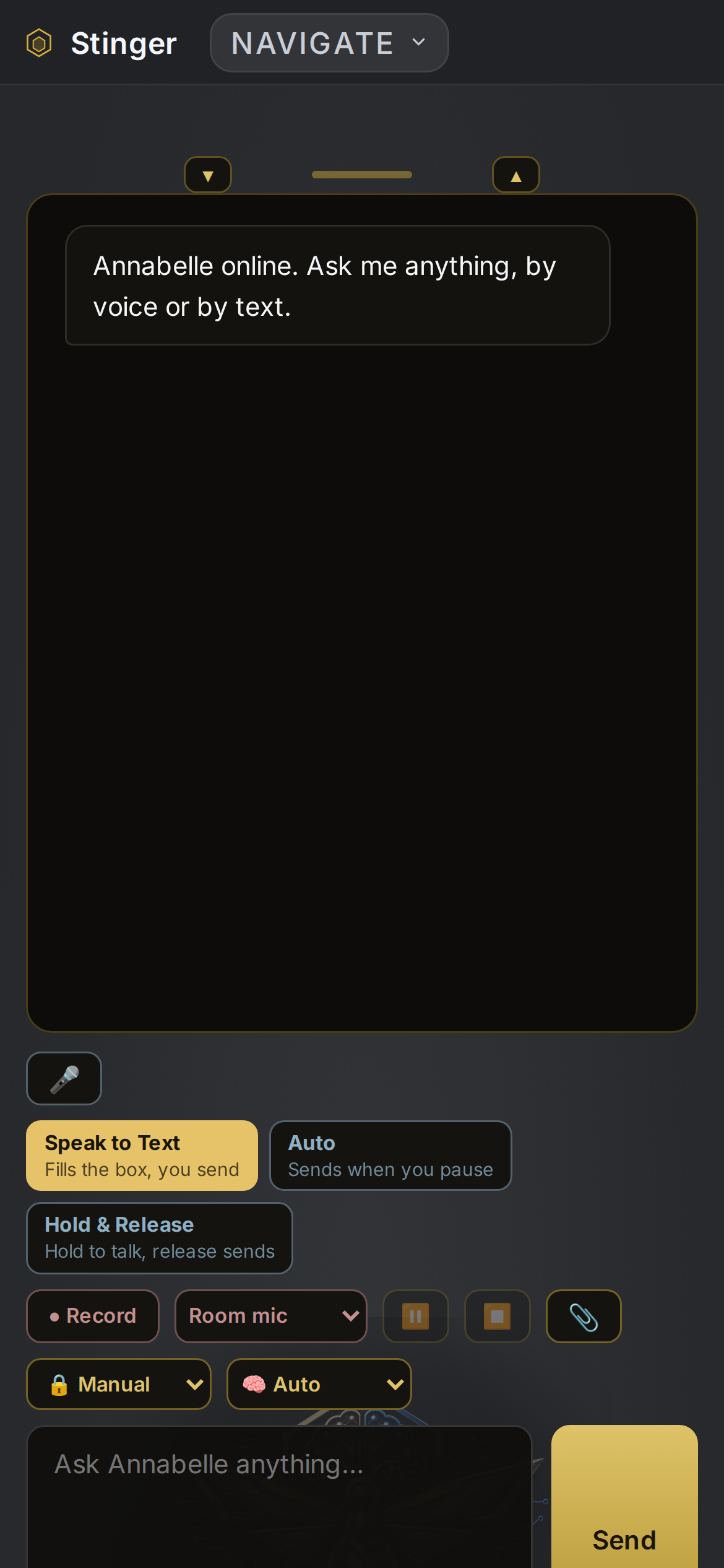 The same voice door on a phone: the chat, the three mic modes, and Send in one column, for talking to Annabelle on the move. Choose the microphone mode before speaking, making the send behavior visible before dictating a request.