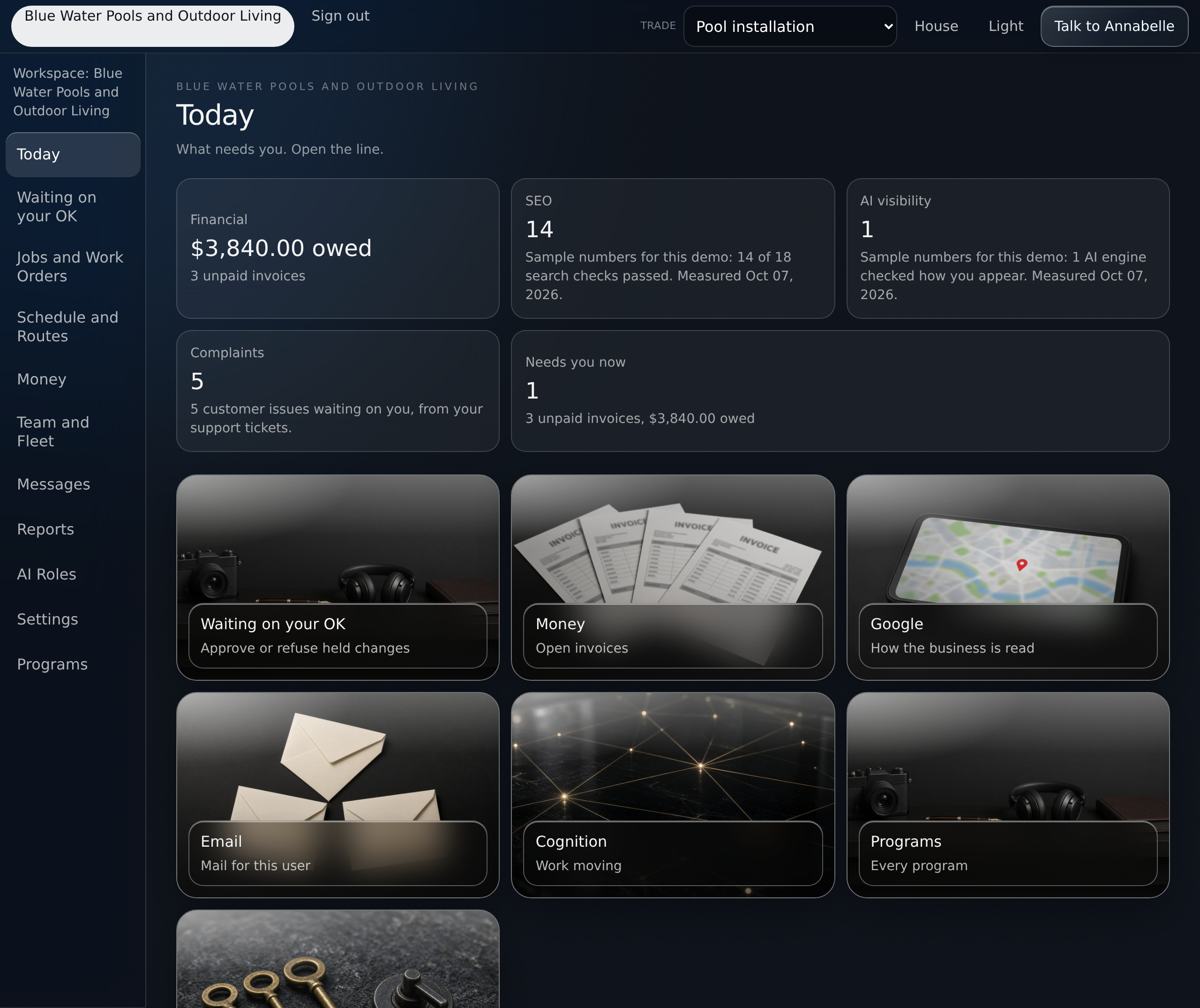 The Blue Water Command Center Today screen shows unpaid invoices, customer issues and sample search-visibility checks.