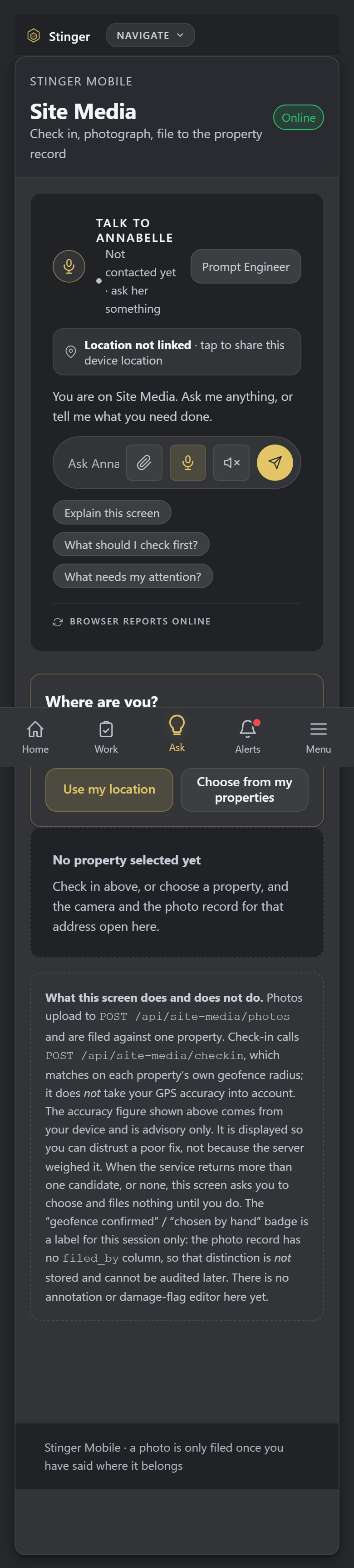The phone view that offers nearby saved sites as geofence candidates, so a photo is tied to the right job automatically. Choose the site before taking the photo, using the location information to check which job the evidence belongs to.