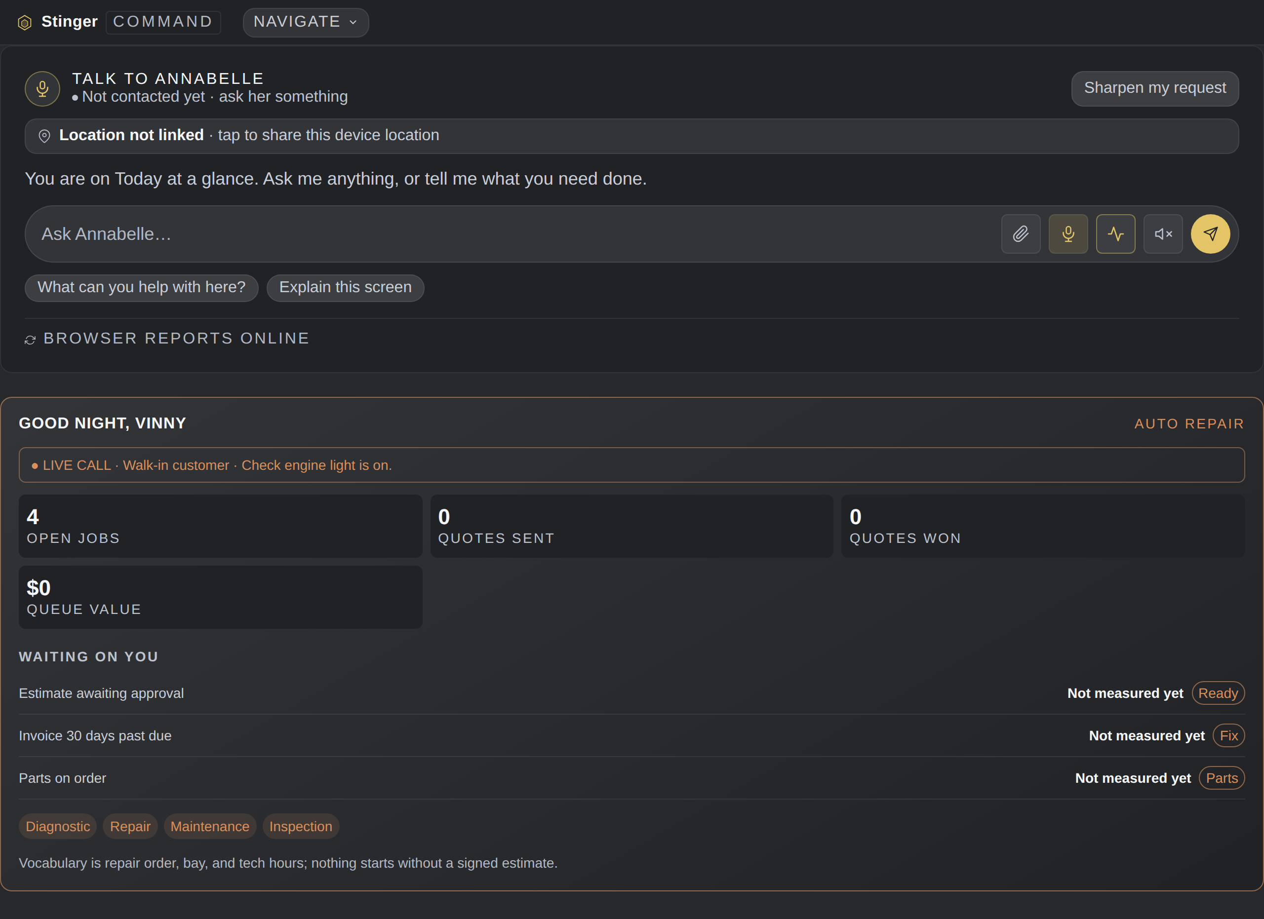 Auto repair on Command Center, configured for the trade.