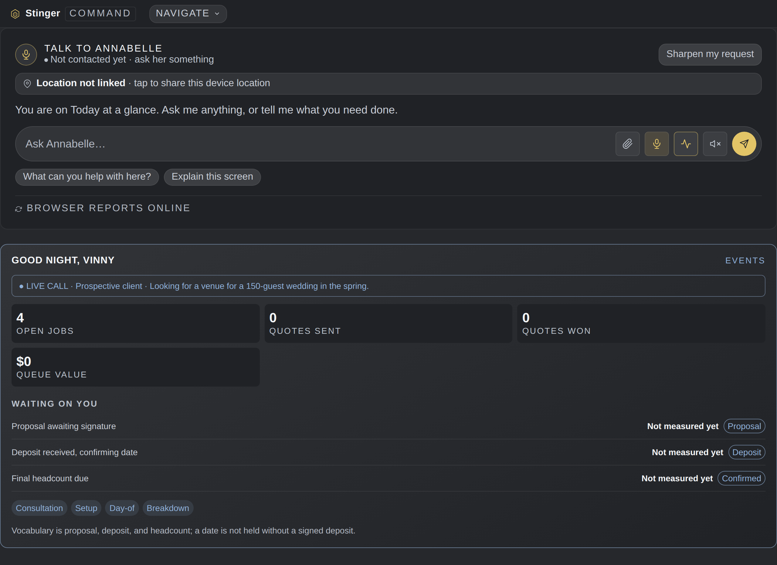Events and venues on Command Center, configured for the trade.