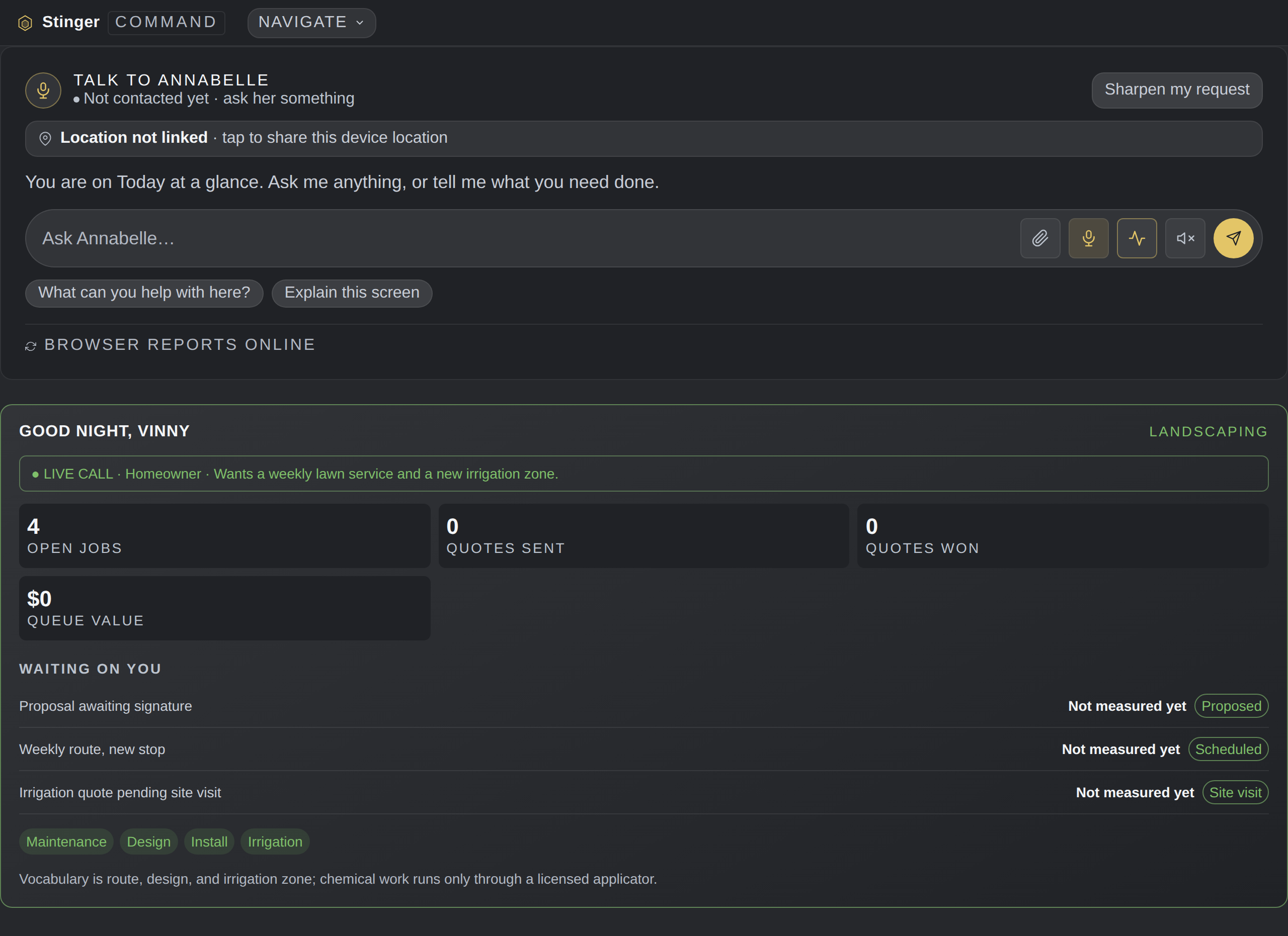 Landscaping on Command Center, configured for the trade.