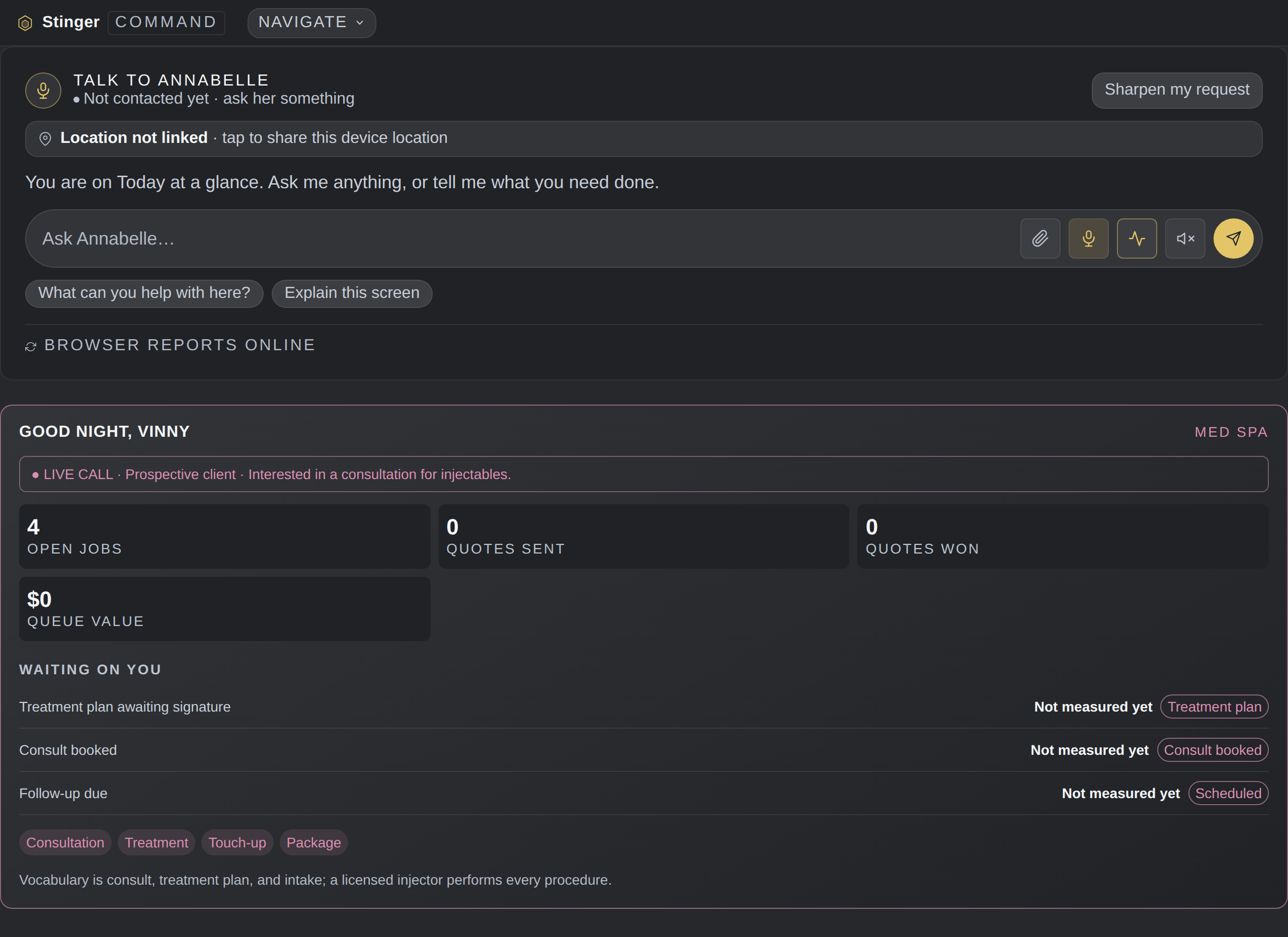 Med spa on Command Center, configured for the trade.