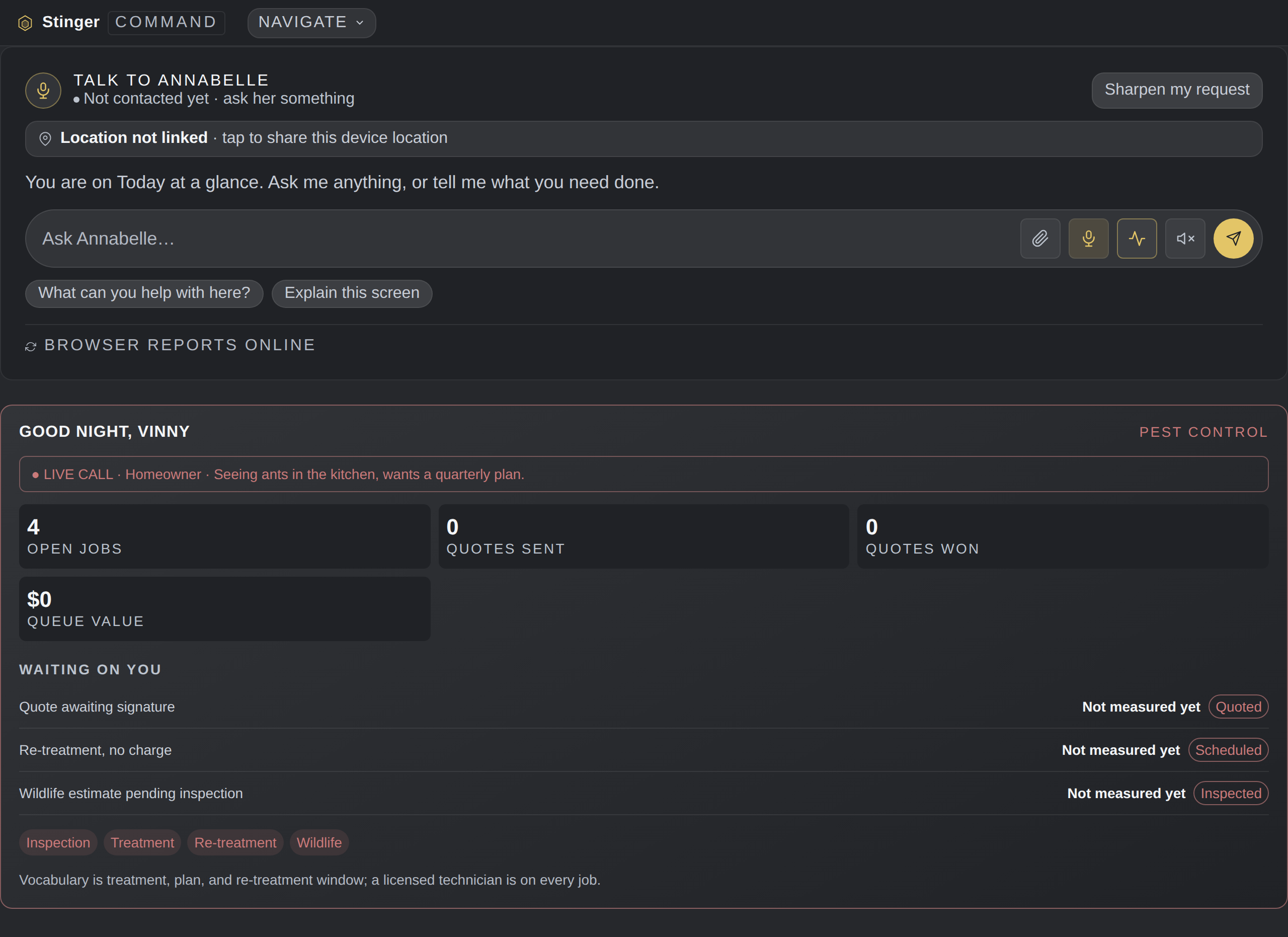 Pest control on Command Center, configured for the trade.