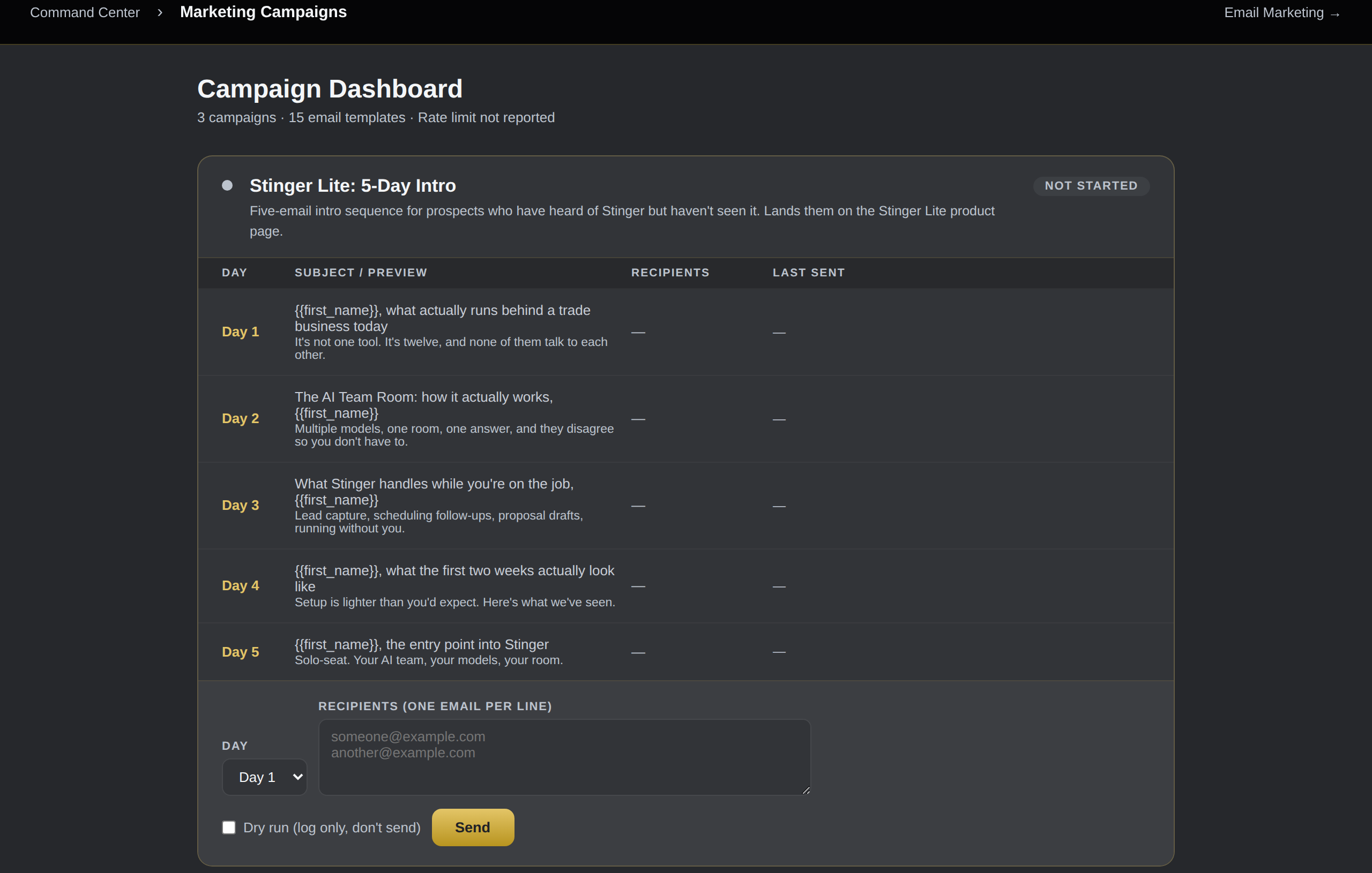 The Campaign Dashboard: 3 campaigns and 15 email templates, here the “Stinger Lite: 5-Day Intro” sequence with each day’s subject and preview. You choose the recipients and press Send, or tick “Dry run (log only, don’t send)” to rehearse it. Nothing is sent until a person does it.