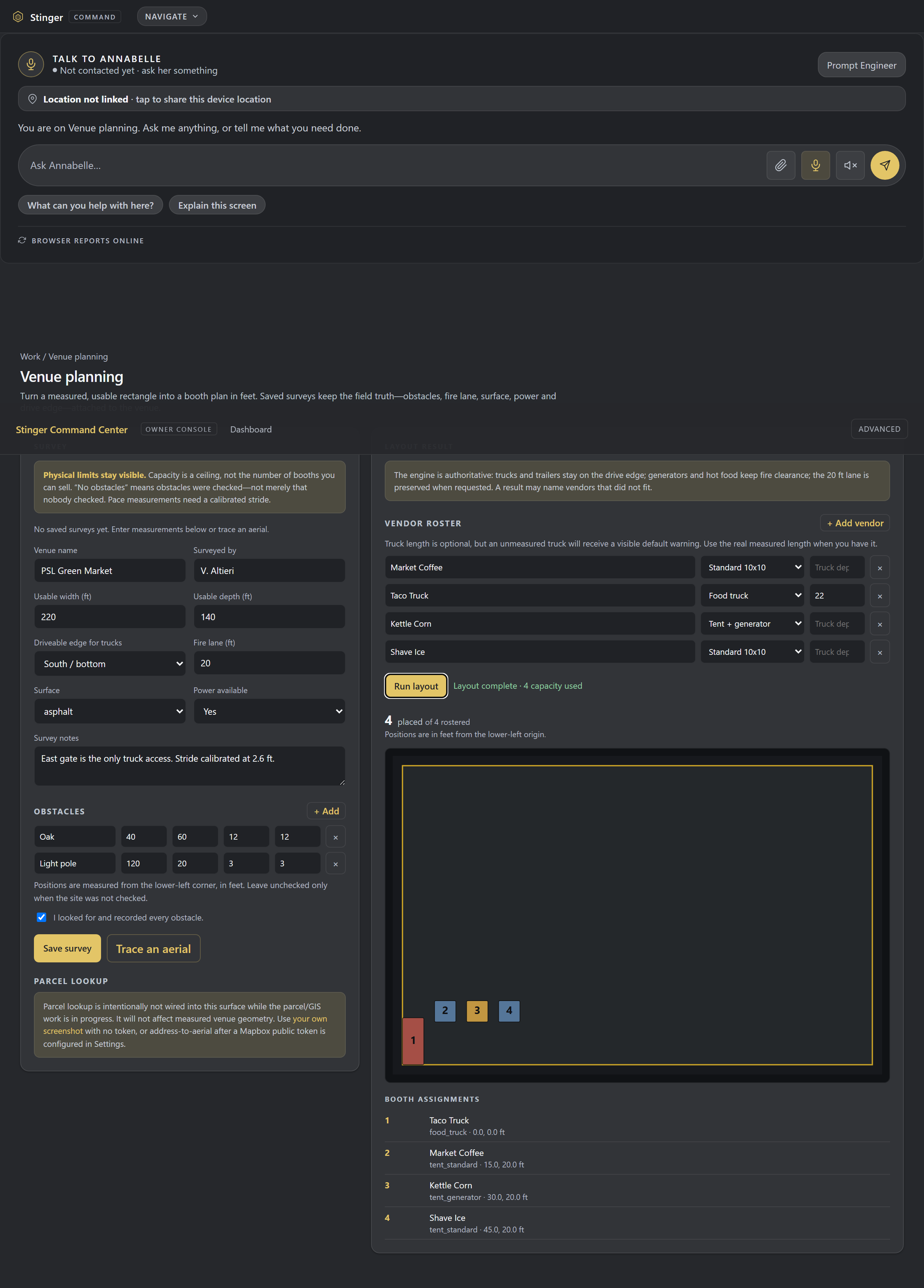 The layout engine's result: booths placed to scale on the measured rectangle, with the fire lane and drive edge kept clear, plus the booth assignment list. Review the placed plan after the survey, checking the assignments and clearances before sharing the layout.