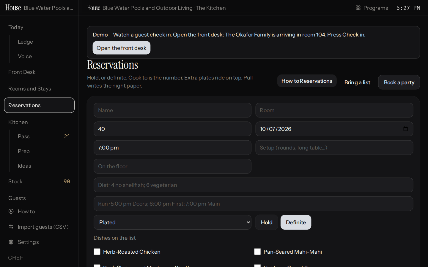 The House party form is open above the seeded Reservations list, with service style, status and dish choices ready to fill.