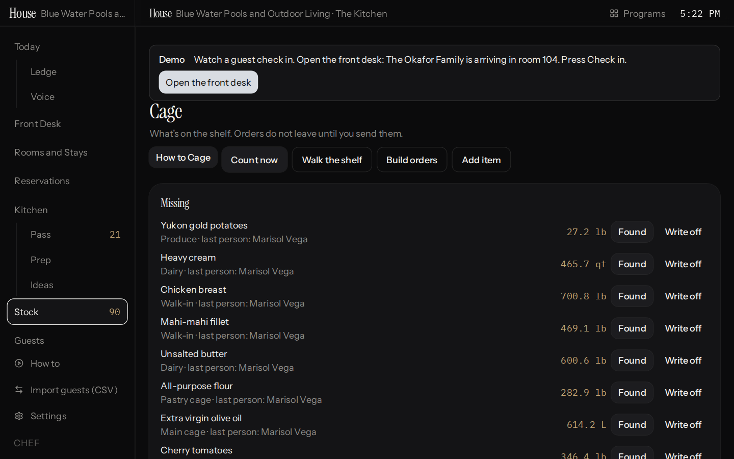 The House stock screen lists missing ingredients with the last named person and Found or Write off controls.