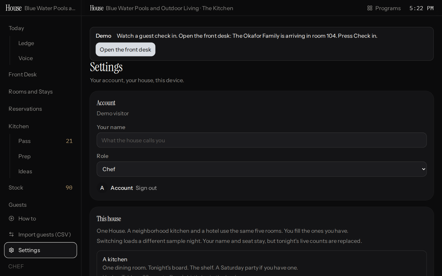 House Settings shows the account seat, kitchen or hotel sample choices and the room list.