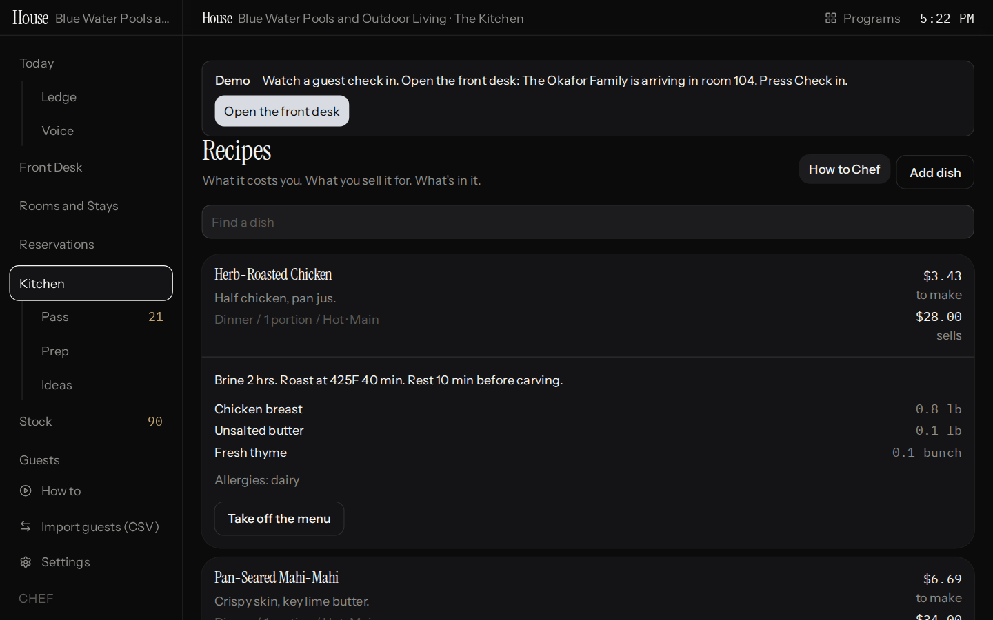 The recipe list shows dish costs and selling prices, with Herb-Roasted Chicken expanded to its method, ingredients and allergy note. Review those quantities before preparing or pricing the dish so its kitchen instructions and cost are visible together.