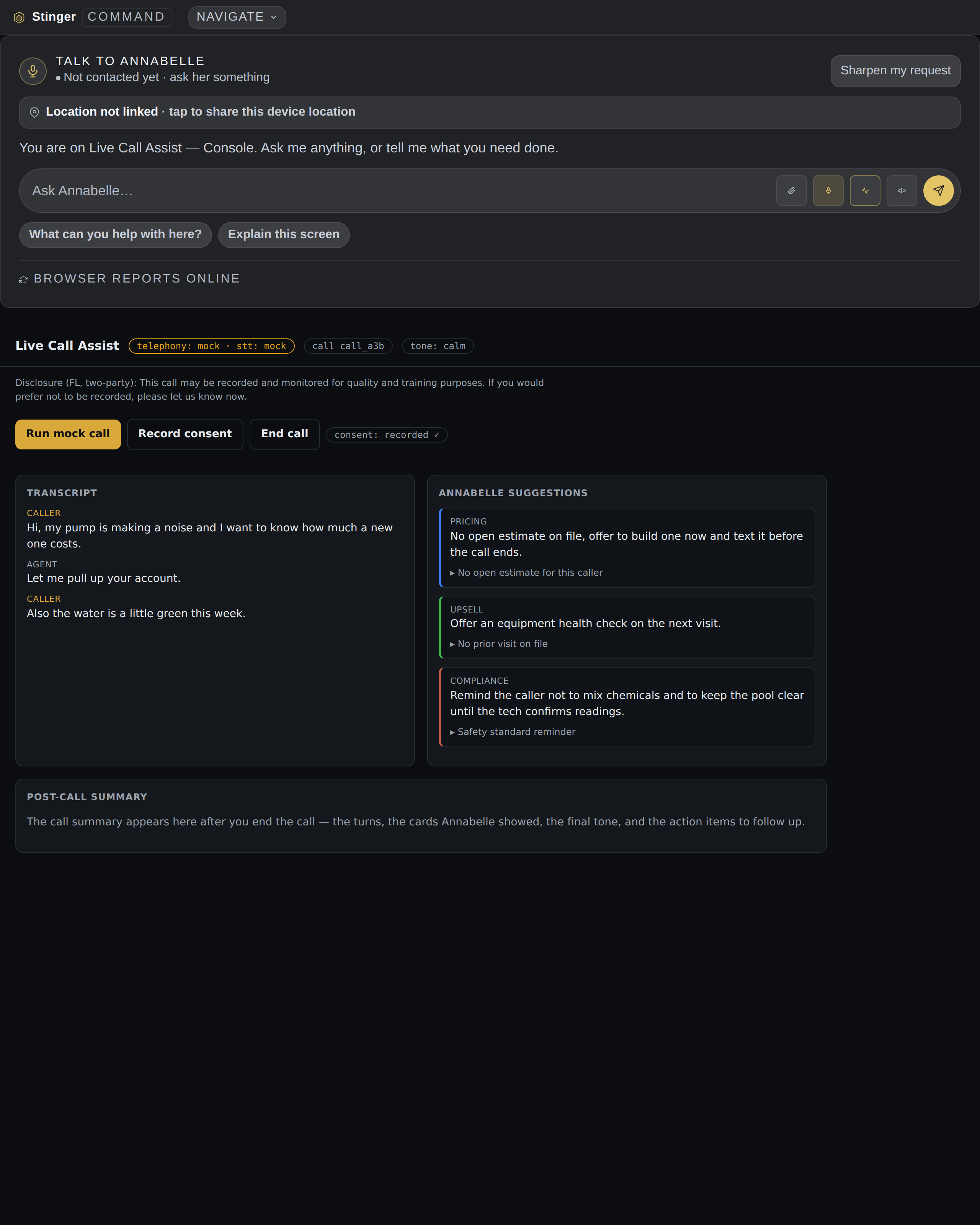 The console during a call: the transcript on the left, and Annabelle's pricing, upsell, and compliance suggestions on the right, each tied to what the caller just said. The tone chip reads the caller's pace and pauses.