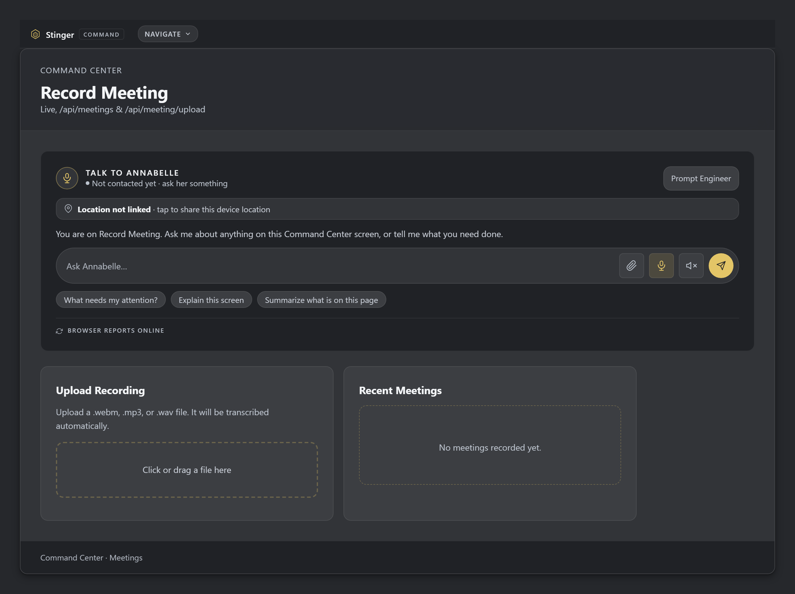 The live capture screen: start the meeting, and it records and writes down what is said as it goes. During the meeting, use this view to follow capture as it happens before reviewing the minutes.