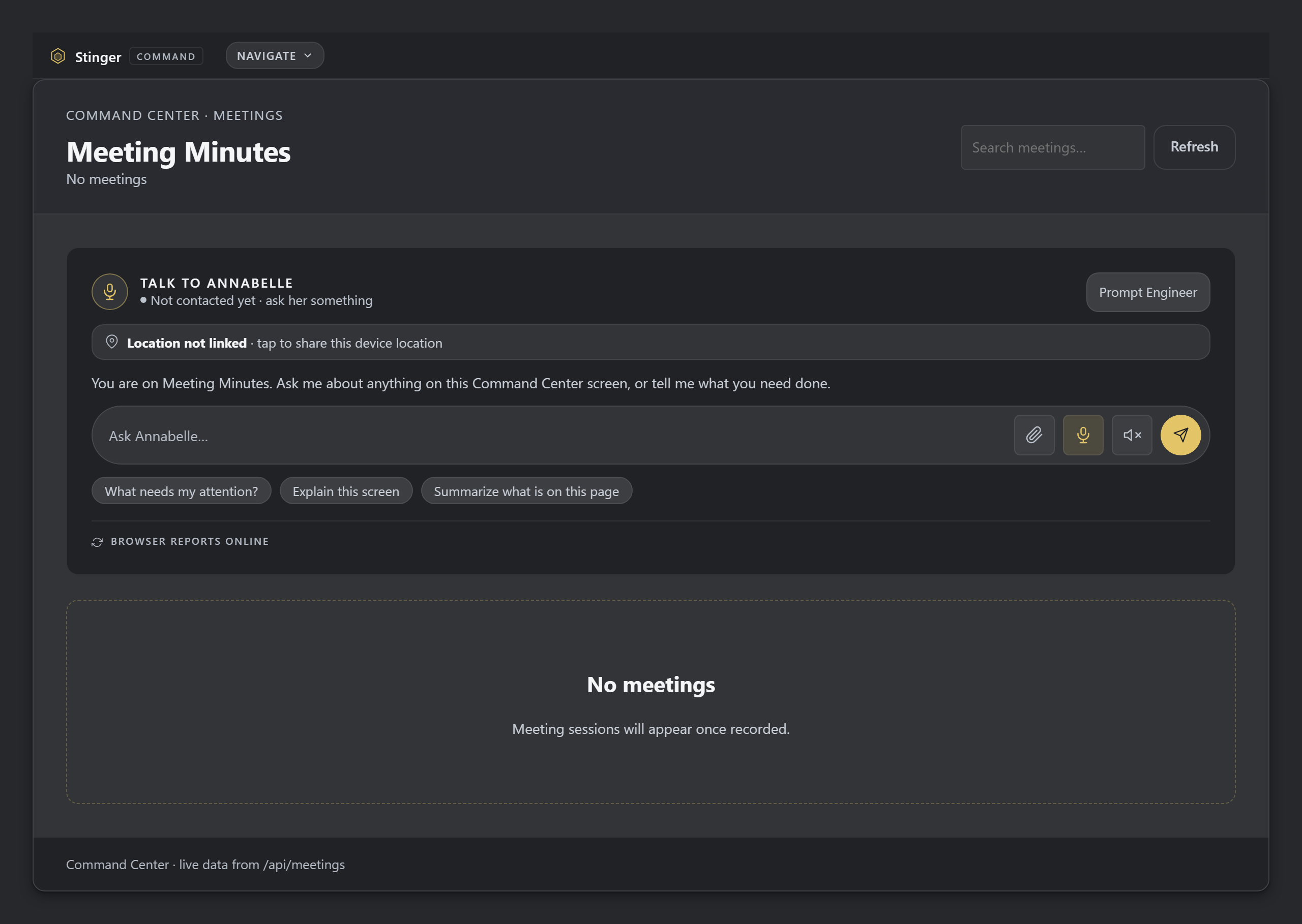 The review screen before a meeting has been held, ready for the next one. Open this view at the review step to inspect a meeting when one is available; the capture shown has no completed meeting to verify.