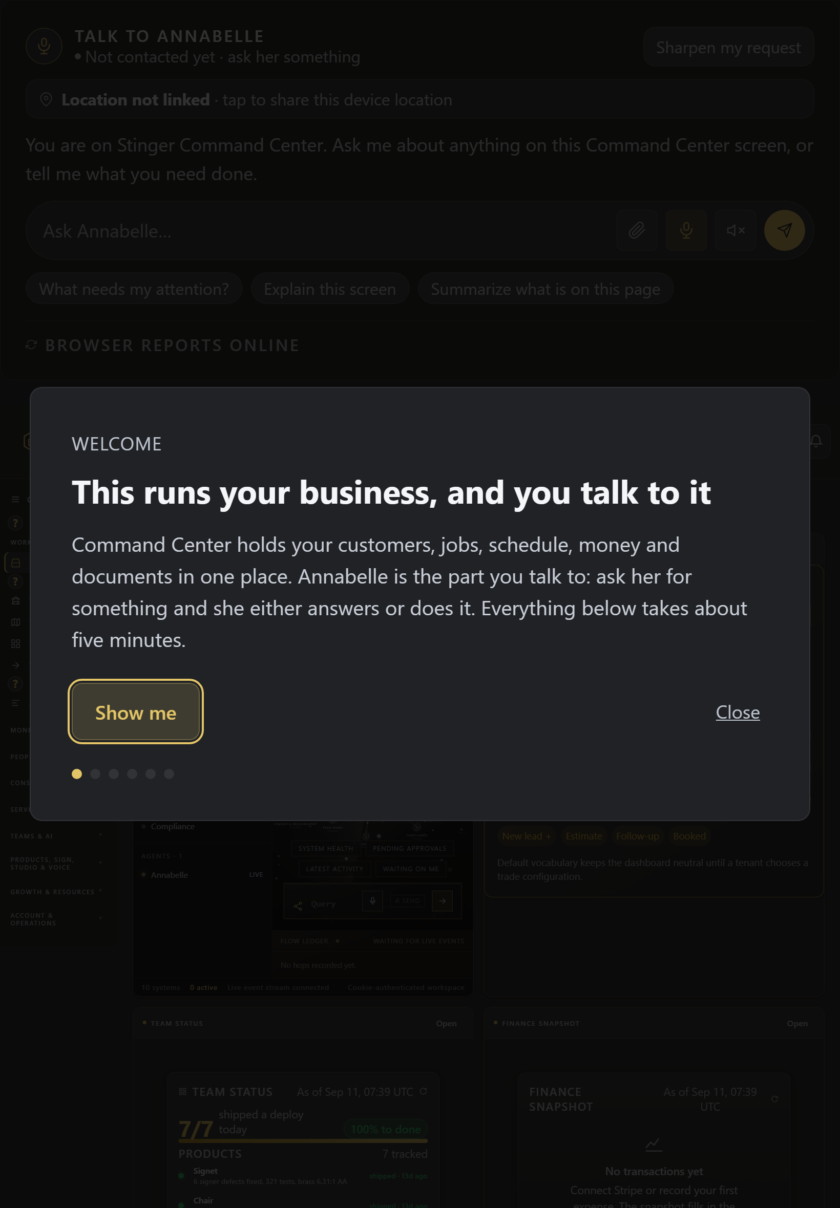 The same walkthrough on a tablet. Follow the welcome prompts before starting daily work, with the introduction available on the smaller screen.
