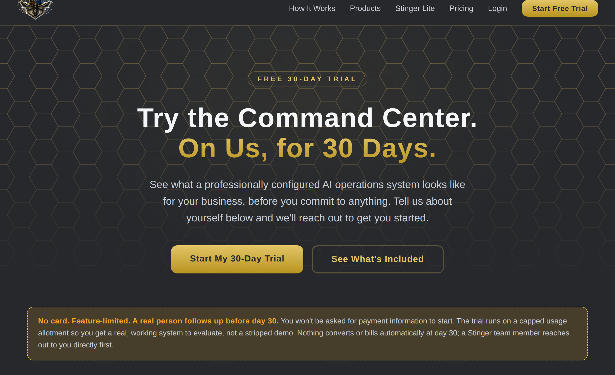 Step one, before you buy anything: the free-trial signup. No card, feature-limited, and a real person follows up before day 30, nothing converts or bills automatically.