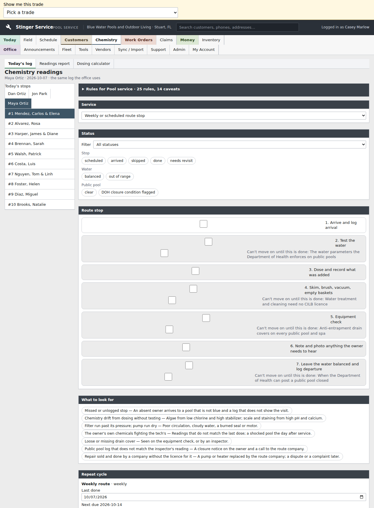 The shared Service tools show the Mendez pool readings and dated history in the pool-business example. Review the visit values before submitting the log, comparing them with earlier results for this pool.