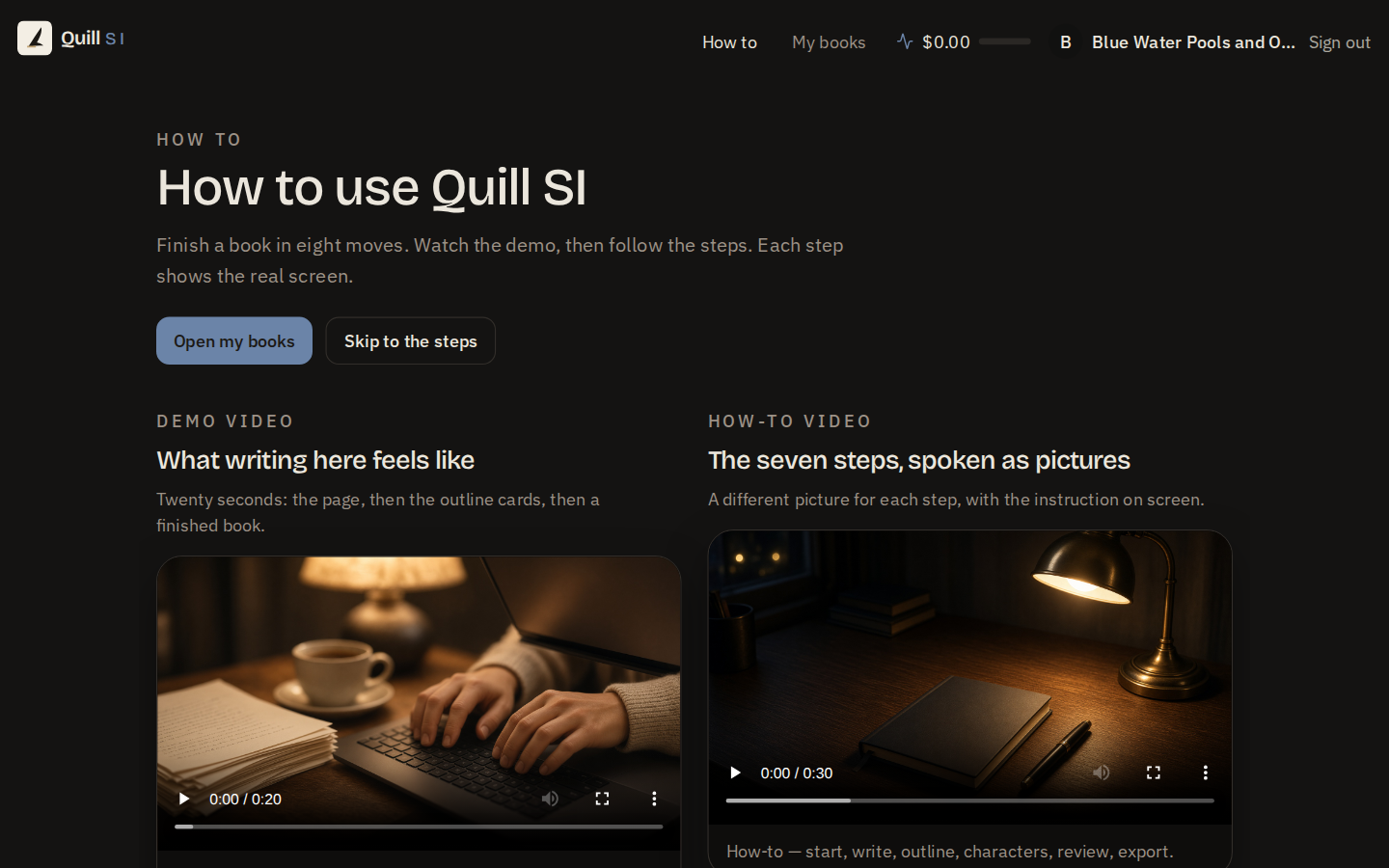 Quill's how-to page presents the writing walkthrough, including manuscript setup, scene editing, review and export. Follow a step before trying its controls in the sample book, with the instructions available inside the program.