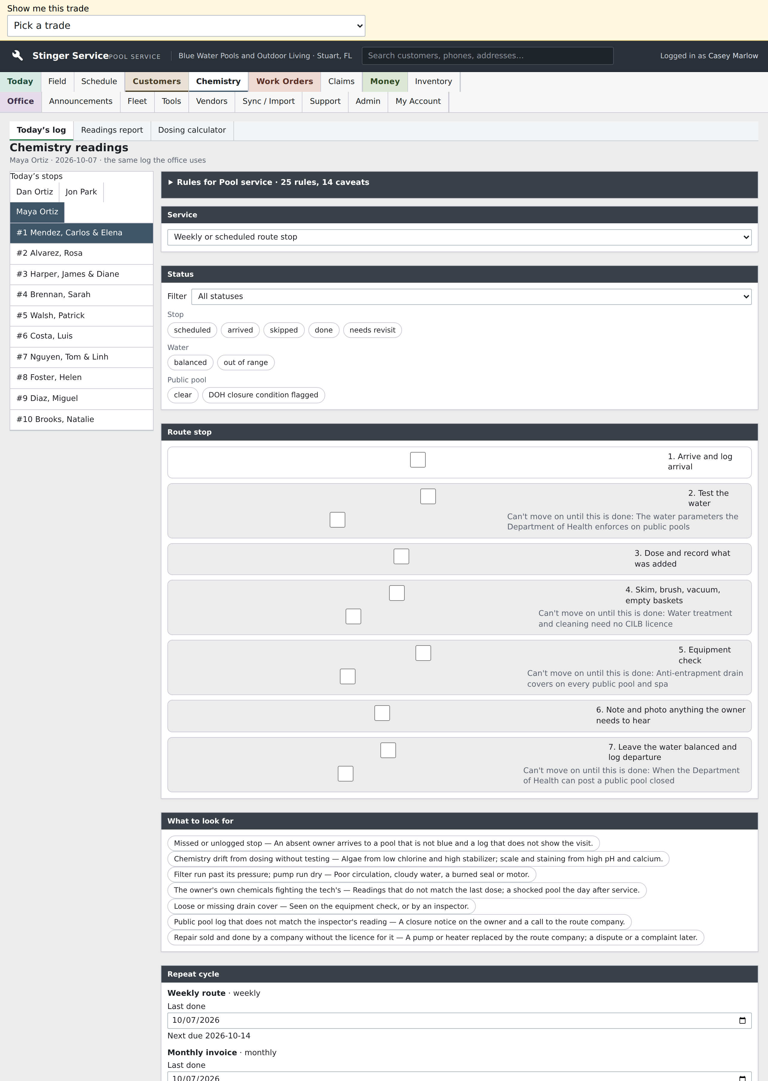 Maya Ortiz’s chemistry screen opens the service log for the selected pool stop, with readings, service details, and the route’s customer list. This is the recording step that connects the field visit to the office’s log.