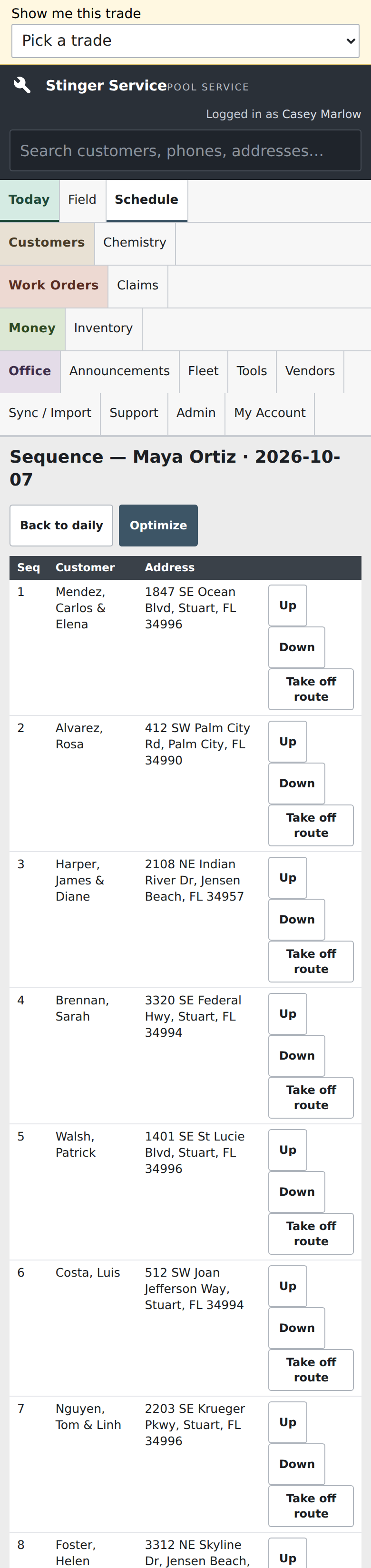 Maya Ortiz’s October 7 route lists ten seeded customer stops in sequence with their addresses. The dispatcher can review the order here before opening the daily sheet or using Optimize.