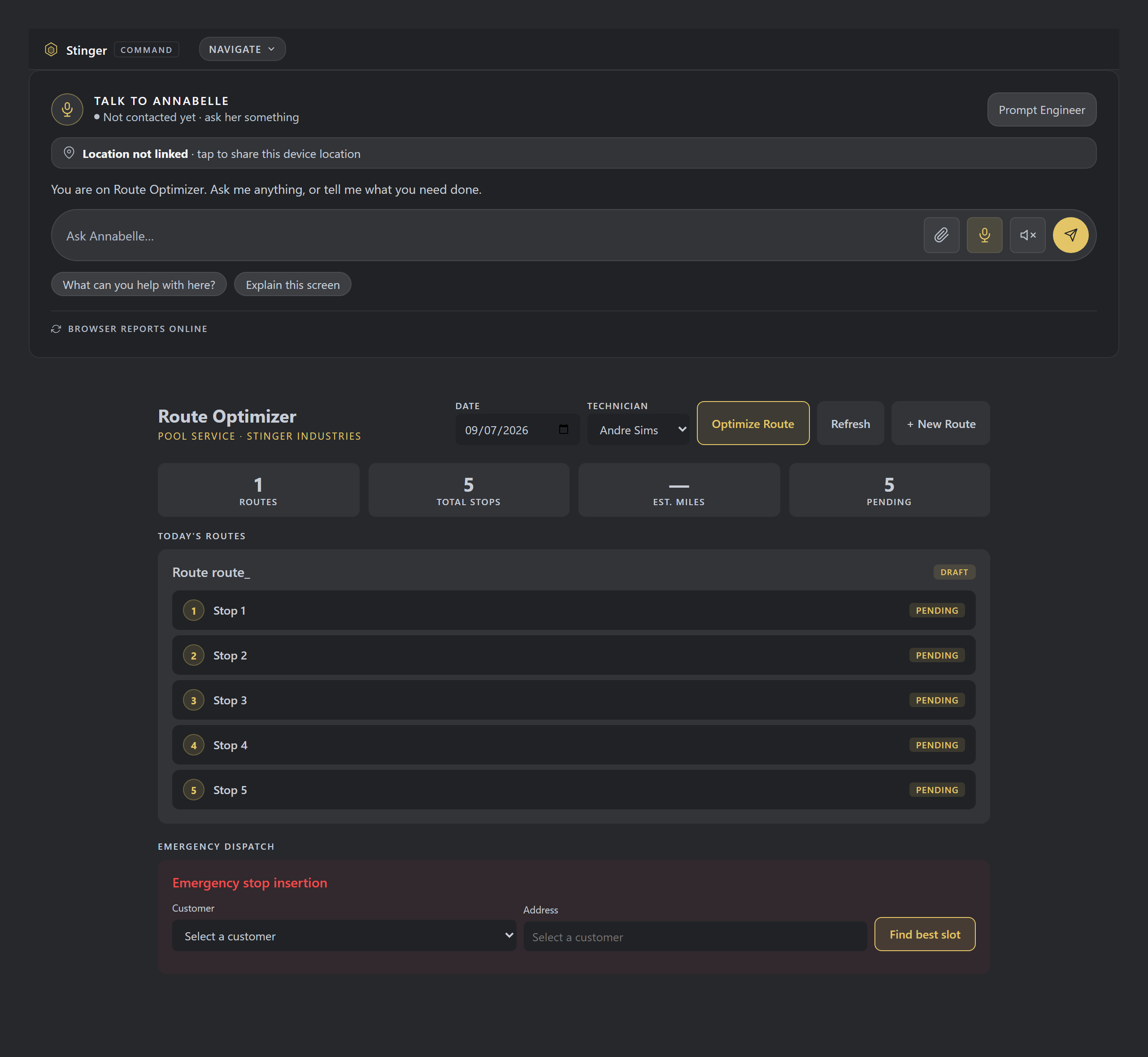 Route Optimizer for the day: a real planned route with the technician, stops, and an emergency-dispatch panel below. Review the stop order before dispatch, with the assigned route visible for the day's travel.