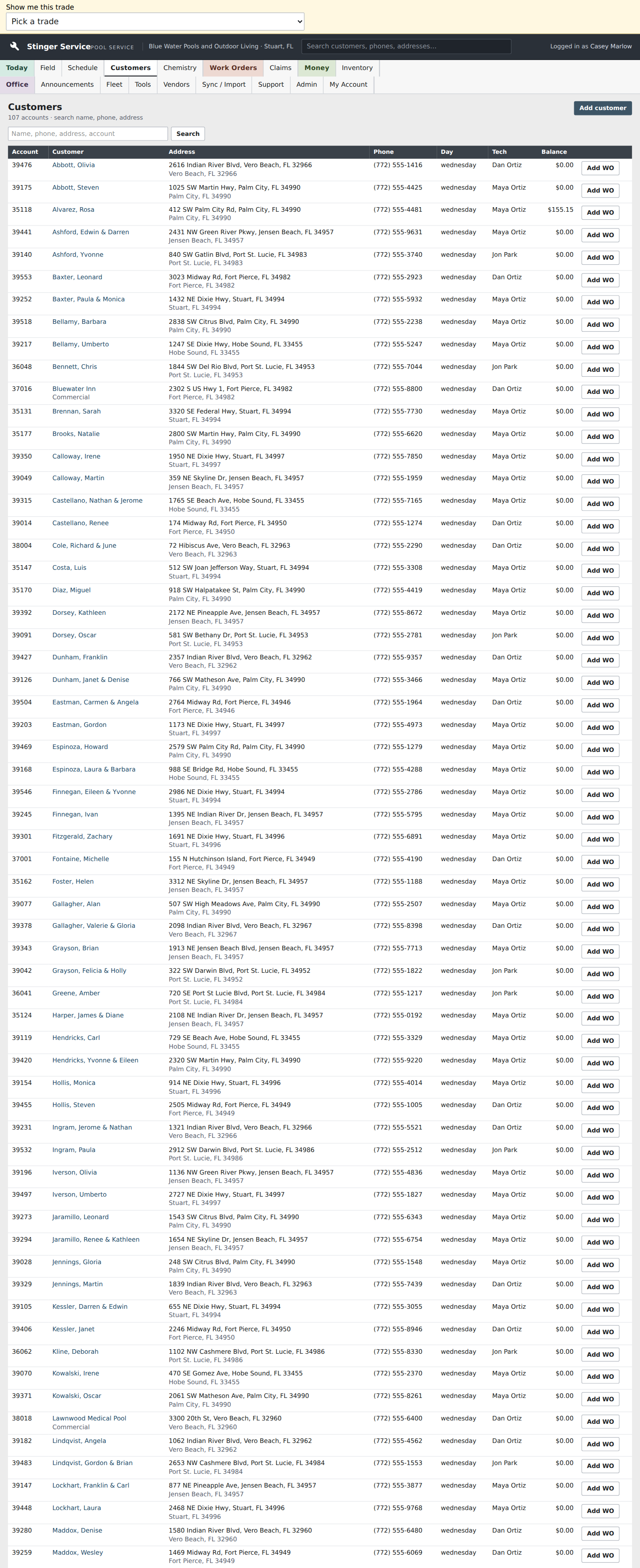 Blue Water’s customer list shows seeded accounts with addresses, assigned technicians, service days, and balances. The office can search this list and open the customer record before scheduling or adding a work order.