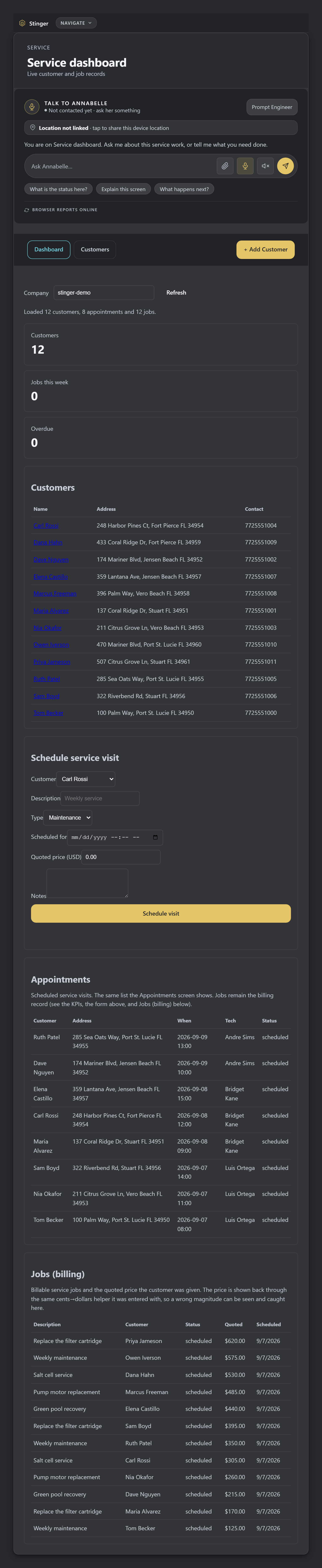 On a tablet: the day's numbers and tables. Check the dashboard before planning the day, with customer and job information available on the smaller screen.
