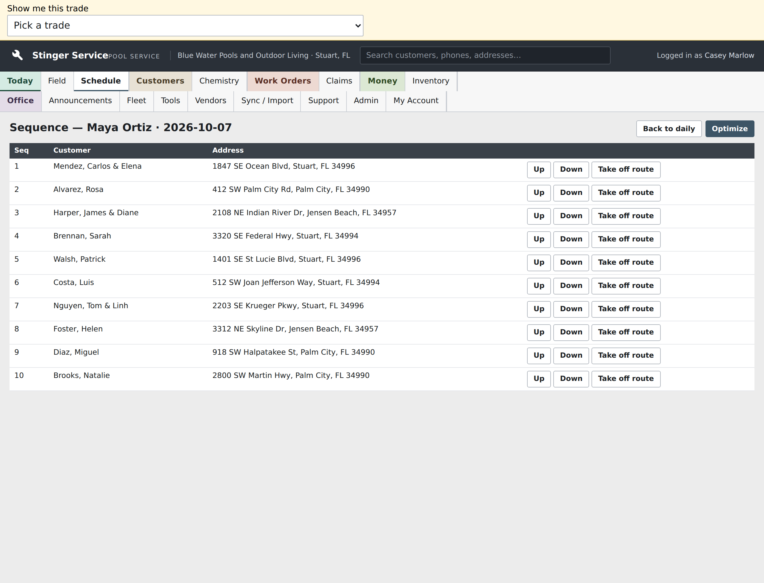 Maya Ortiz’s October 7 route lists ten seeded customer stops in sequence with their addresses.