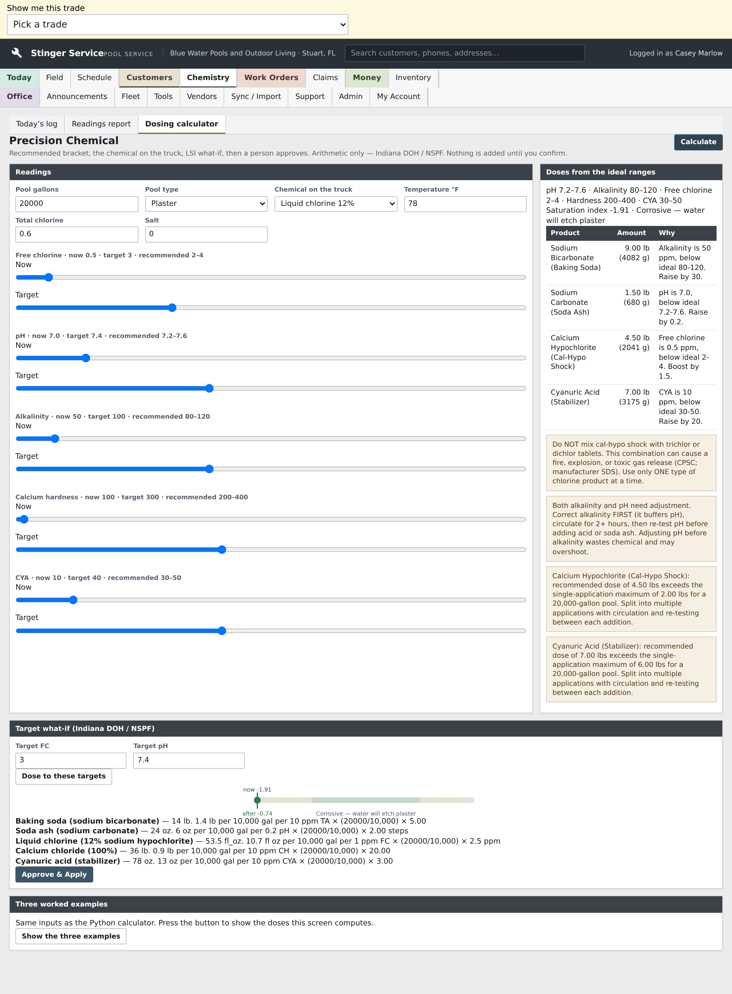 The Precision Chemical calculator shows the entered readings, target ranges, and computed dosing guidance. The technician reviews this arithmetic before confirming any treatment; the calculation itself does not record an application.