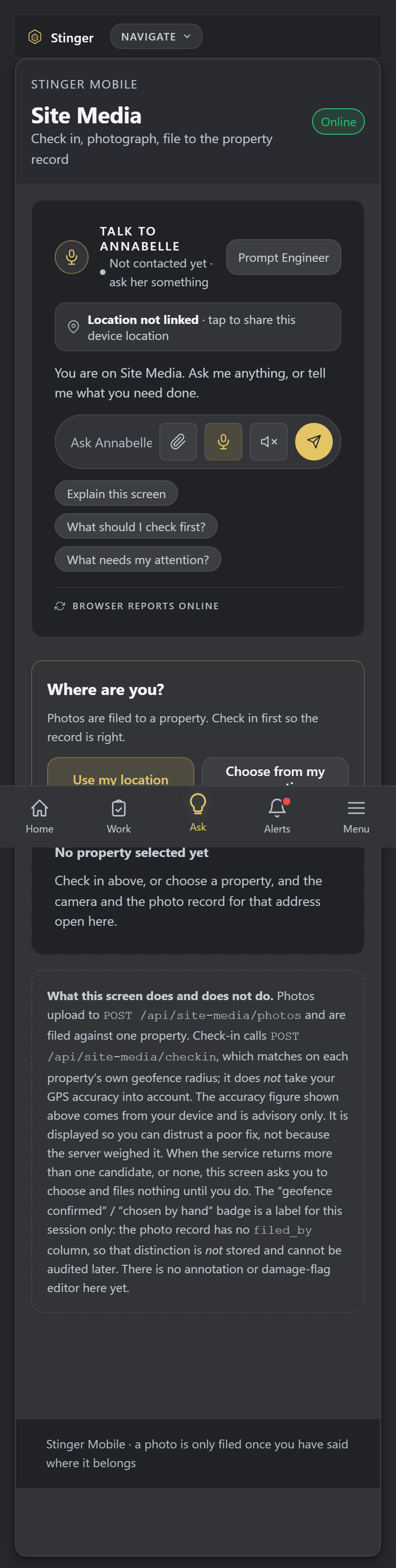 Mobile site media: check in, then photo, with the app's own note on geofence radius versus GPS accuracy. Choose the site before taking the photo, using the location information to check which job the evidence belongs to.