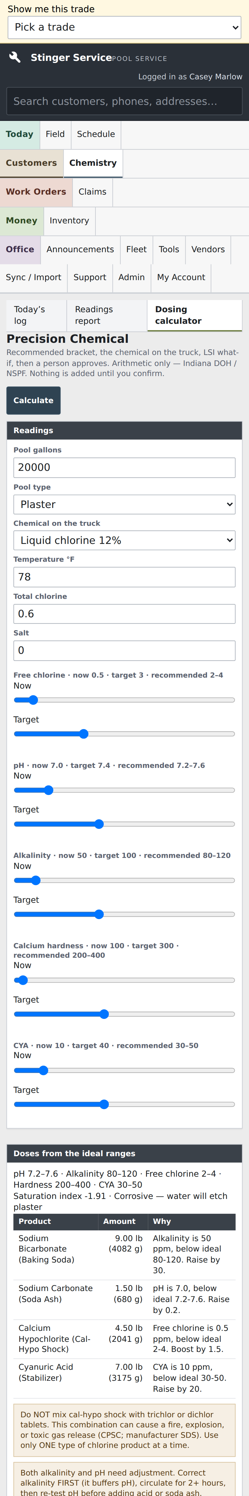 The Precision Chemical calculator shows the entered readings, target ranges, and computed dosing guidance. The technician reviews this arithmetic before confirming any treatment; the calculation itself does not record an application.