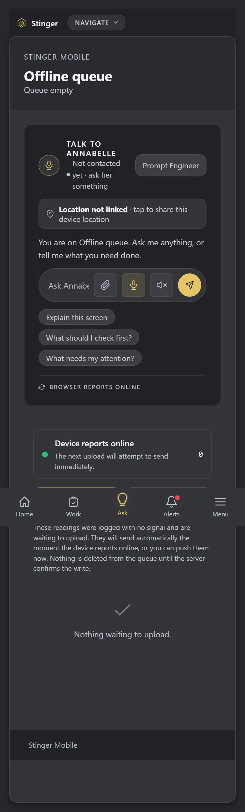 On the phone: the mobile app is built to keep working with limited connectivity. Open the crew screen during field work to inspect the available job controls; this still image does not demonstrate an offline sync.