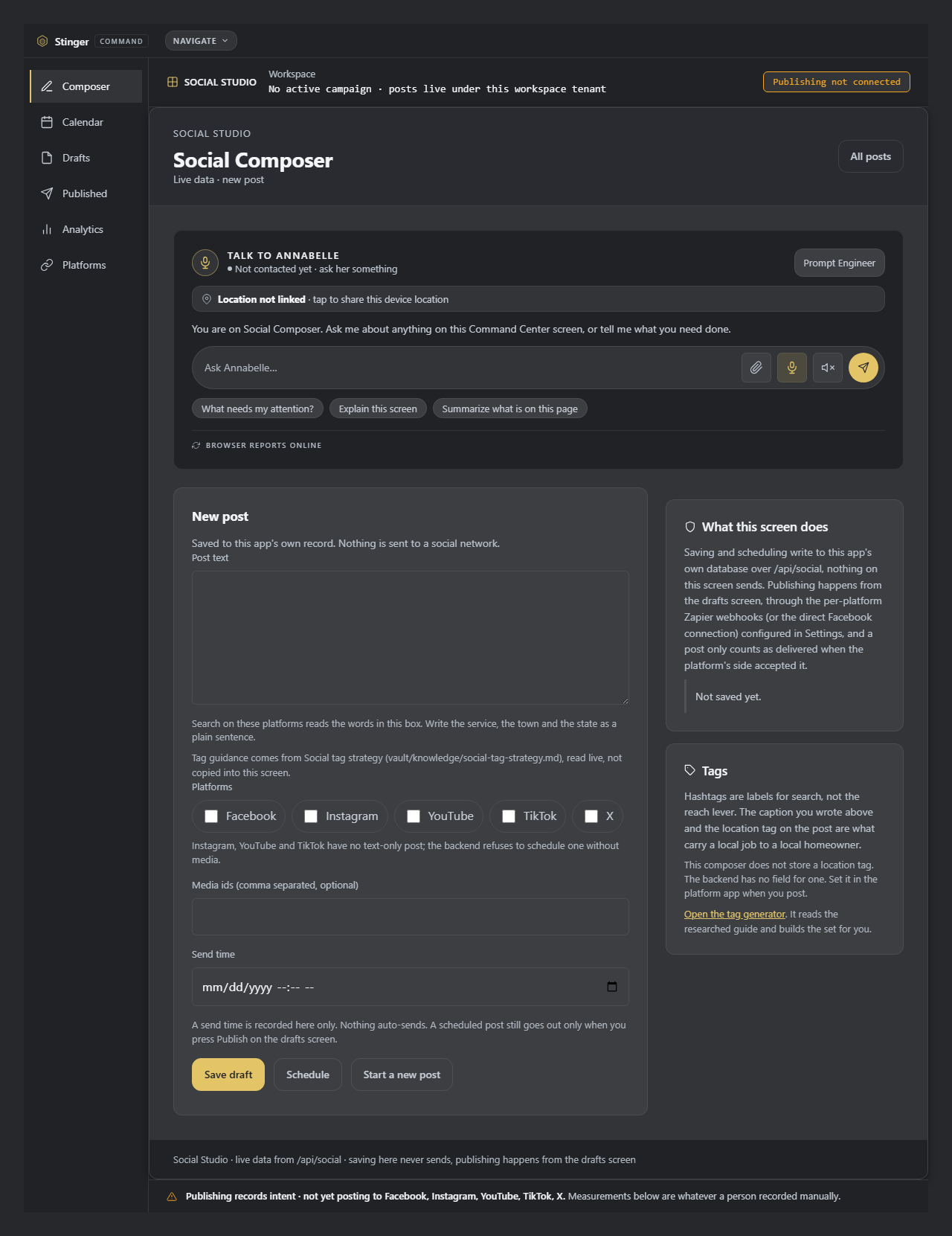 Write a post once and send it to each platform. Prepare the text in the composer before publishing, with the destinations attached to the same draft.