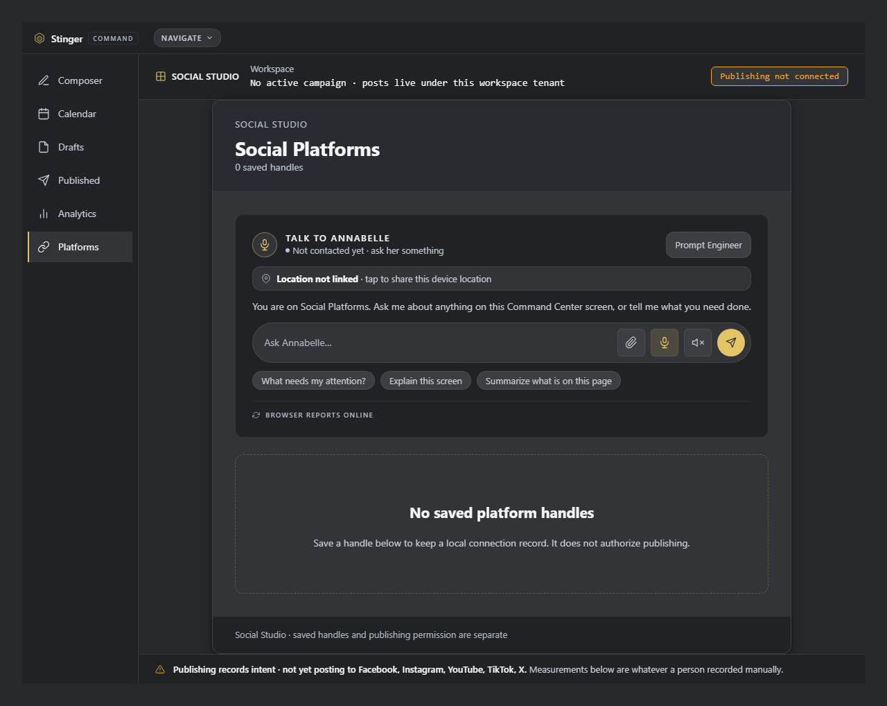 See the accounts a post can be sent to. Check the destination accounts before composing a post, so the available publishing connections are visible.