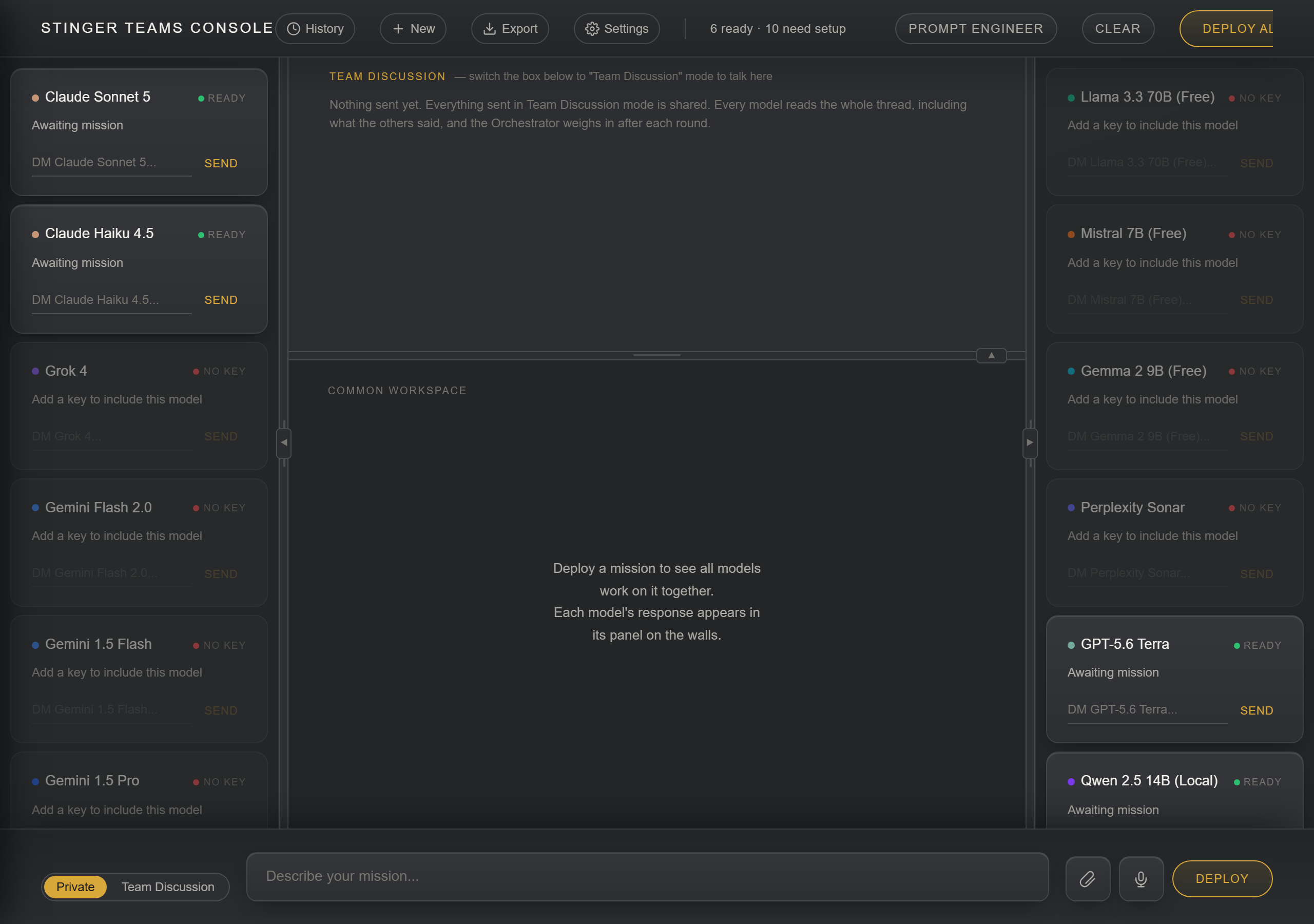 The Team Room console: a column per AI model, the ready models marked, the mission composer, and the readiness meter. Check model readiness before entering a mission, with the participating models arranged for comparison.