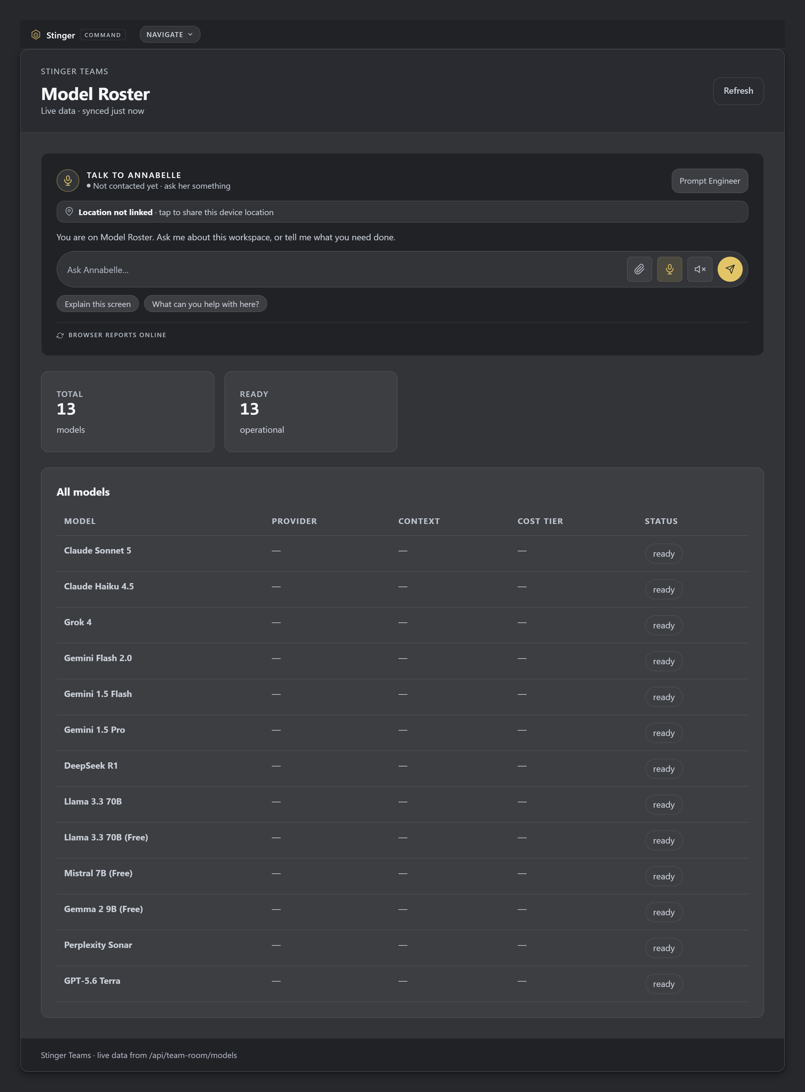 The full model roster: every model that can join a team. Choose the models before starting a team session, making the available participants visible.