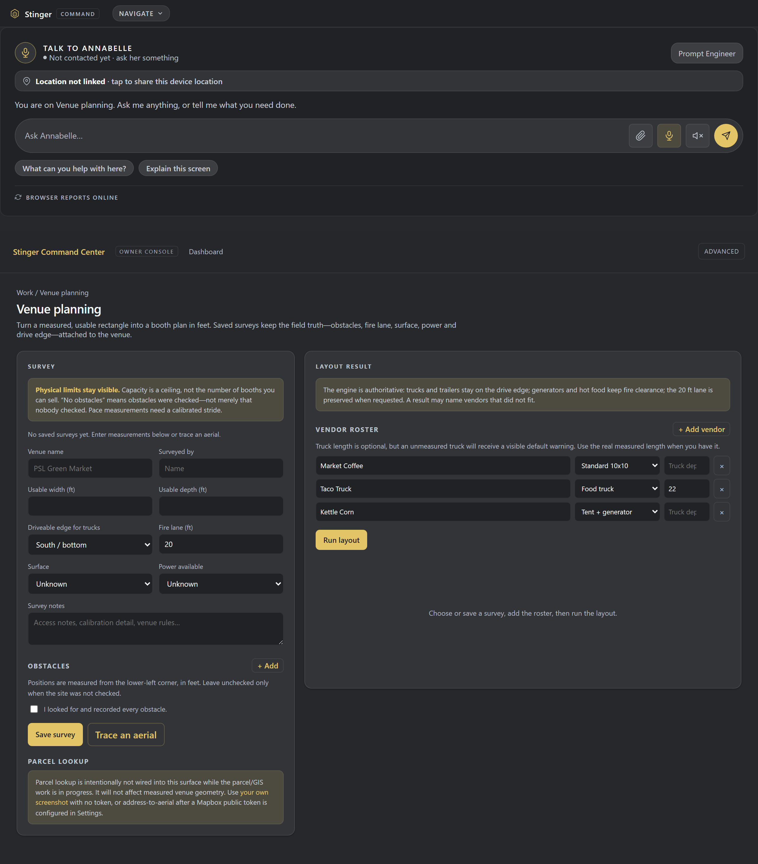 The planning surface: the survey form on the left, the vendor roster and layout on the right. Enter the survey before placing vendors, keeping the measured site beside the roster to be arranged.