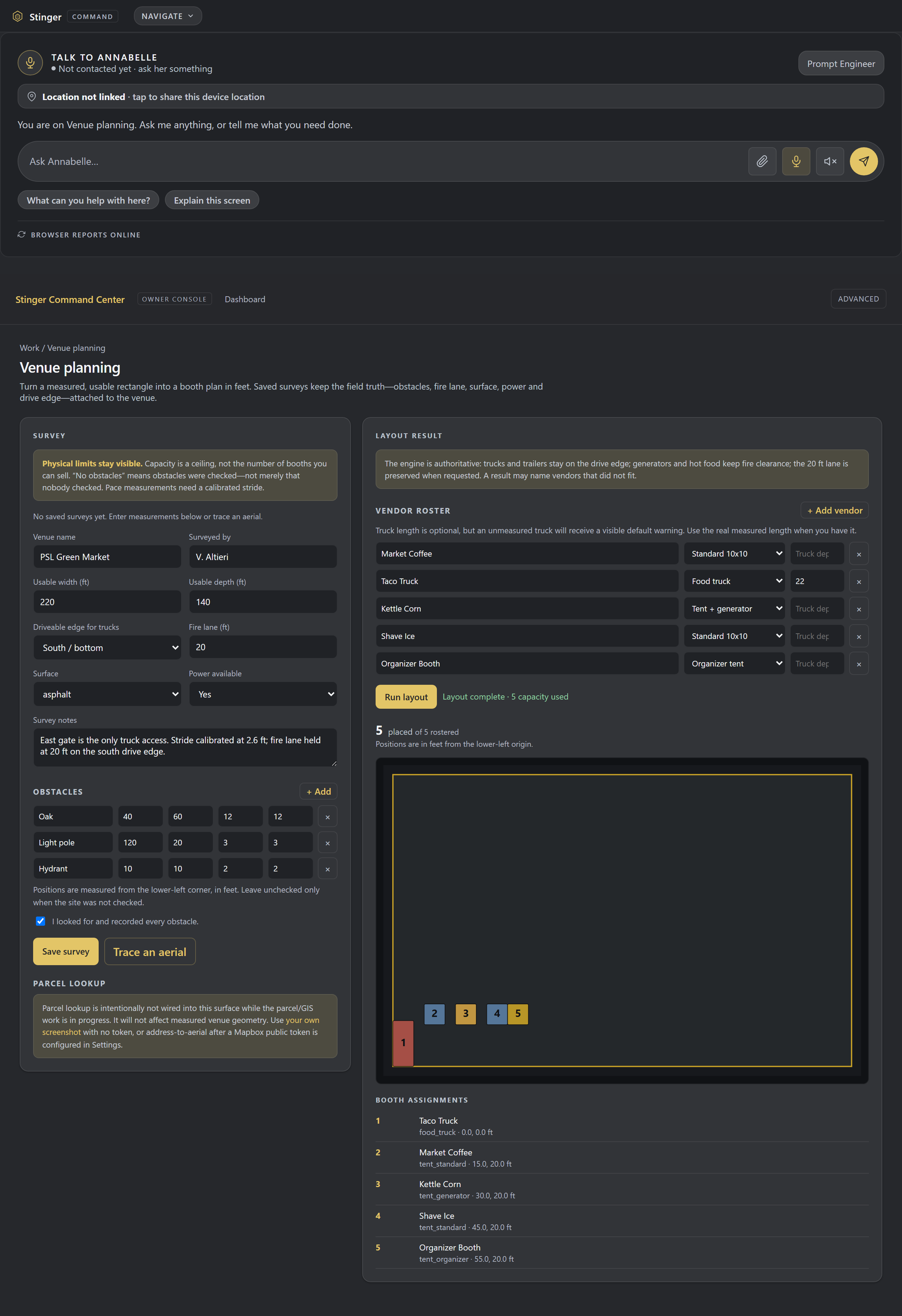 The live layout result: the engine placed the roster into a booth plan (a floor plan in feet), trucks kept on the drive edge and fire clearance held. Review the placed plan after the survey, checking the assignments and clearances before sharing the layout.