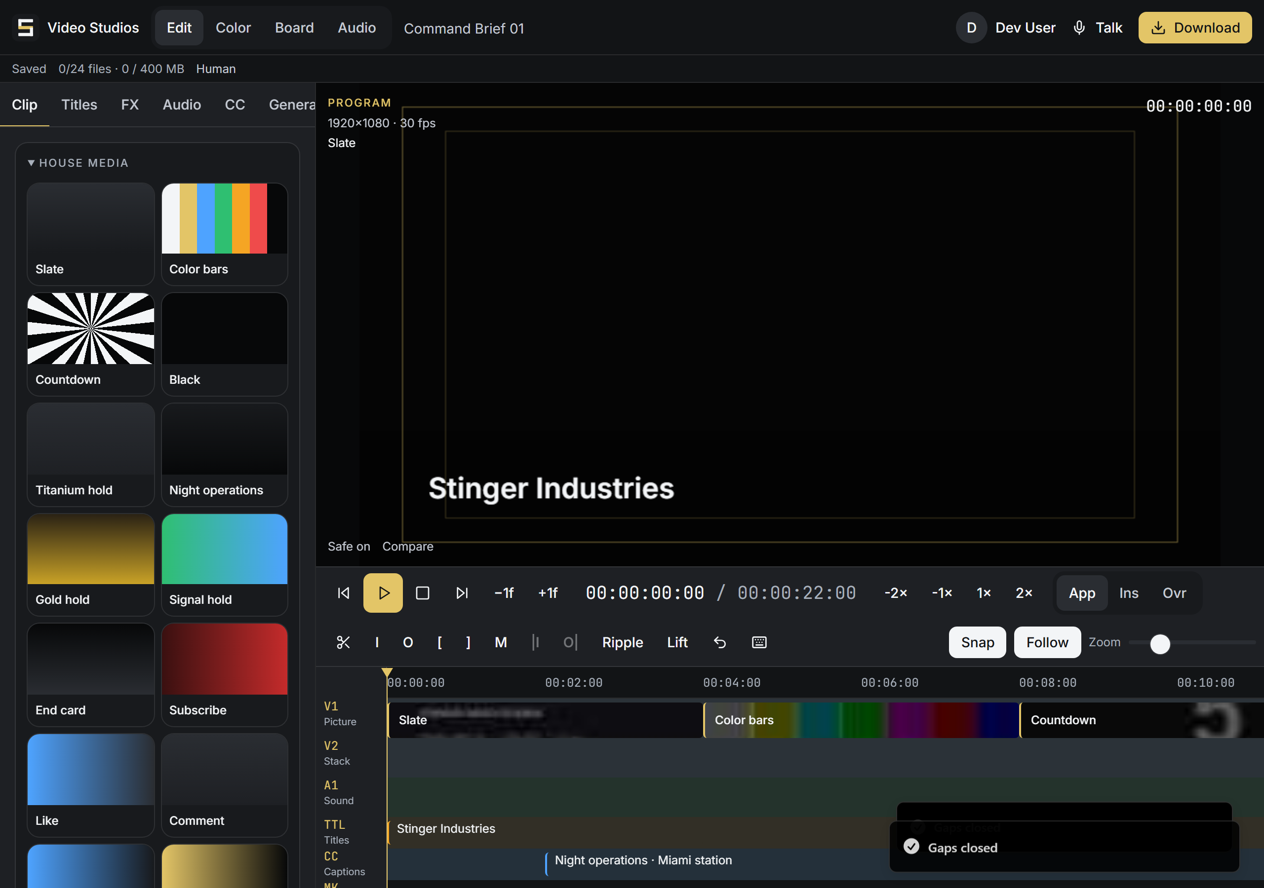 The editor: program monitor, transport, and clip lanes on the timeline. Arrange the clips before export; separate picture and audio lanes make the edit sequence visible.
