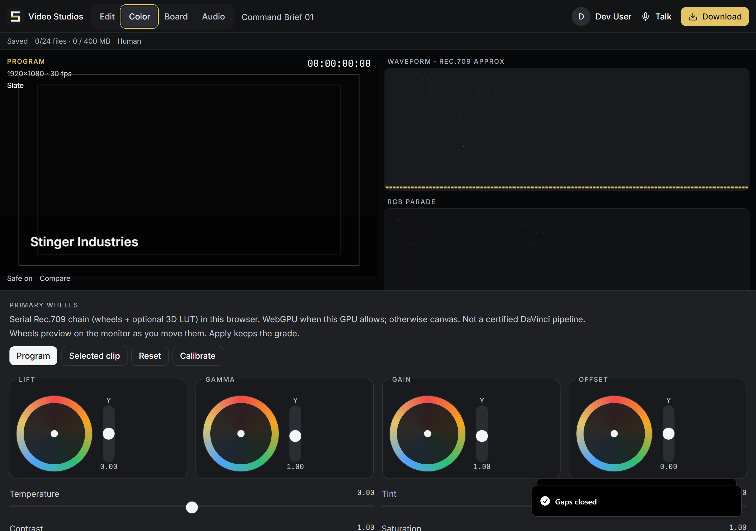 Color desk: scopes and the primary grading wheels for lift, gamma, gain, and offset. Adjust the picture during finishing, using the scopes beside the wheels to judge each color change.