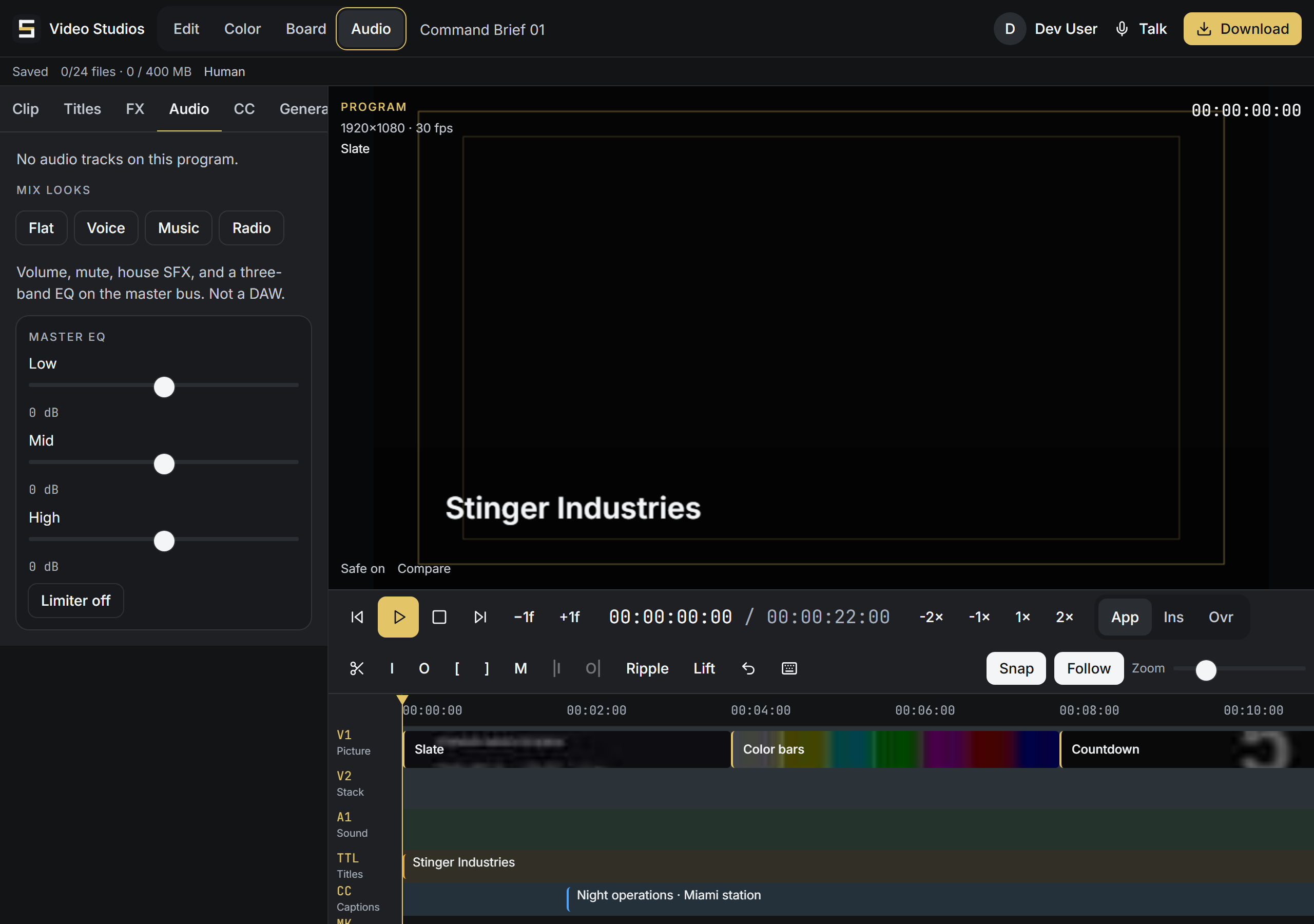 Audio mode: a three-band EQ and mix presets. Balance speech and music before export, using the EQ controls to review the audio mix.