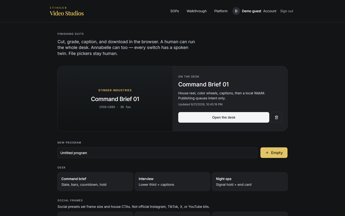 The desk: the Command Brief 01 project (1920x1080, 30fps) and one-click templates for Command Brief, Interview, and Night Ops. Choose a project or template before editing, with the frame size and rate visible at the starting desk.