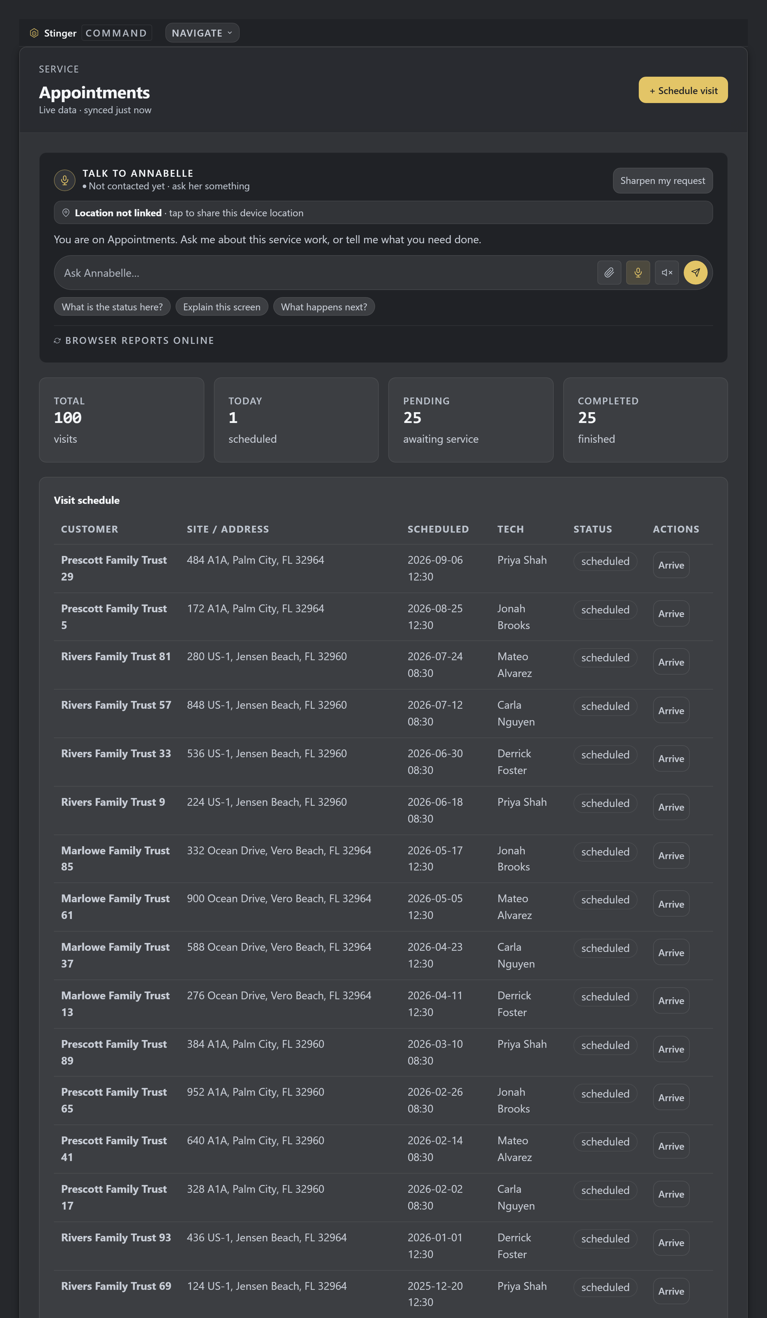 Schedule a visit in Command Center, the same place a Construction milestone is booked. Review the schedule before assigning or changing a visit, so its place in the working day is visible.