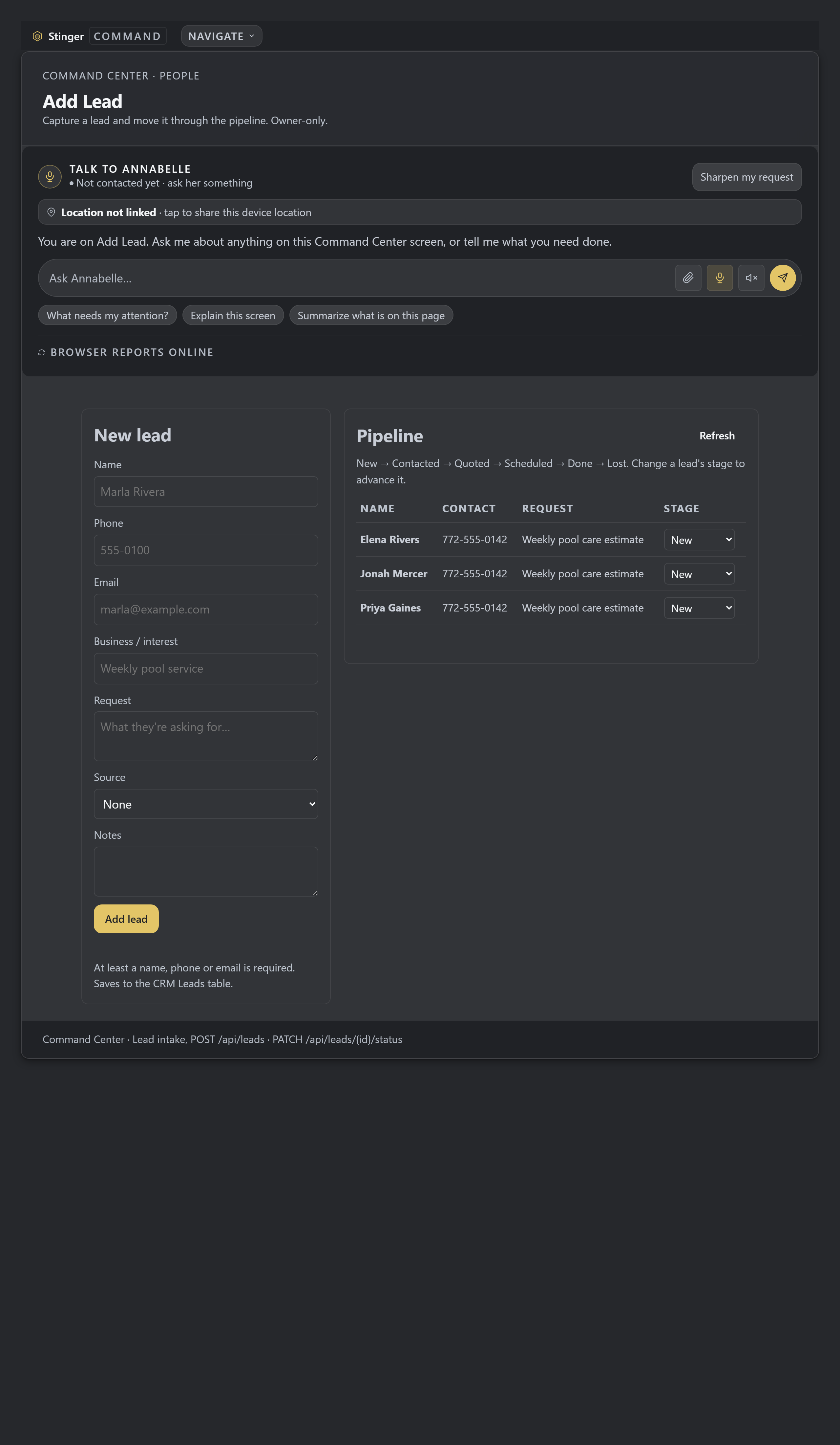 A job record in Command Center that Construction reads from and writes to. Review the contact details before scheduling work, keeping the customer record alongside the next action.