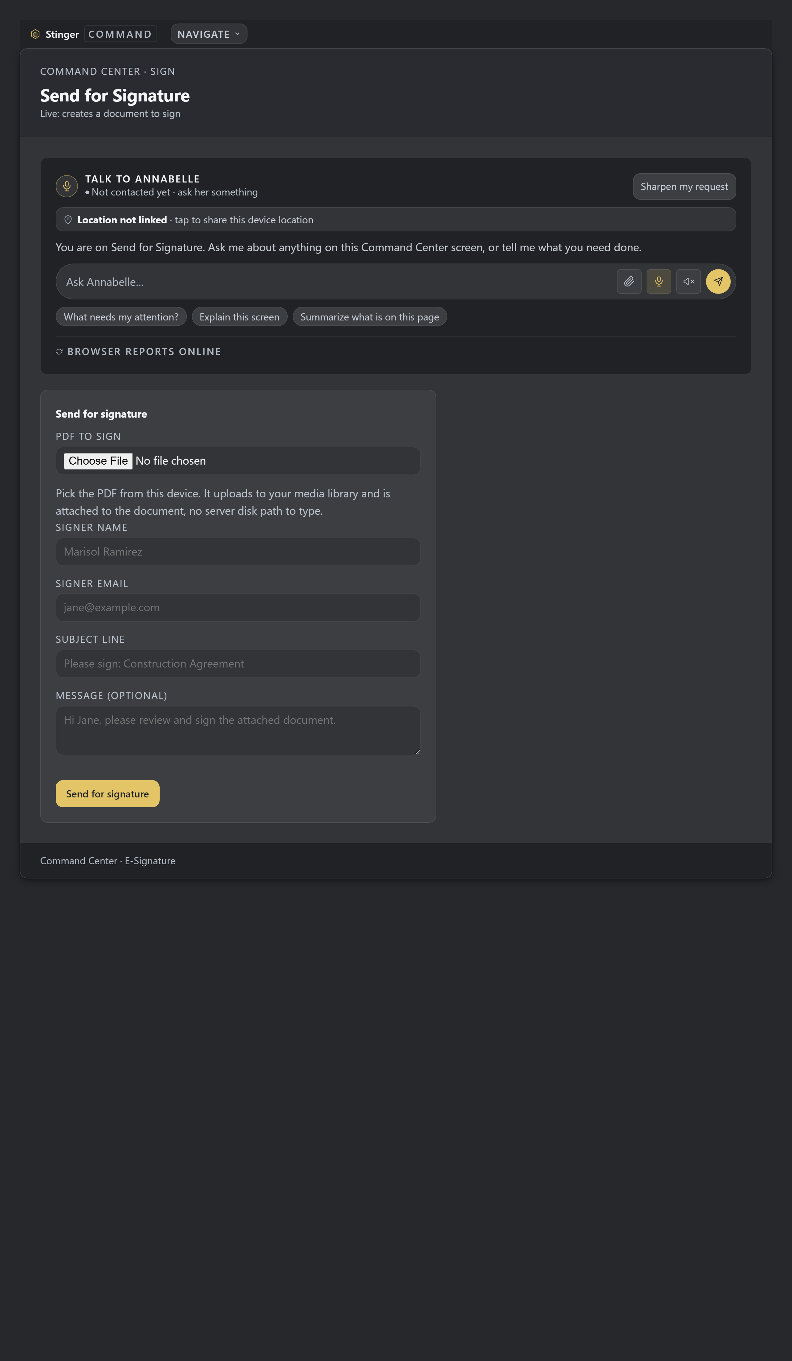 Send a document to sign from Command Center, right next to Construction. Prepare the document at the signature step, with sending controls available from the same working console.