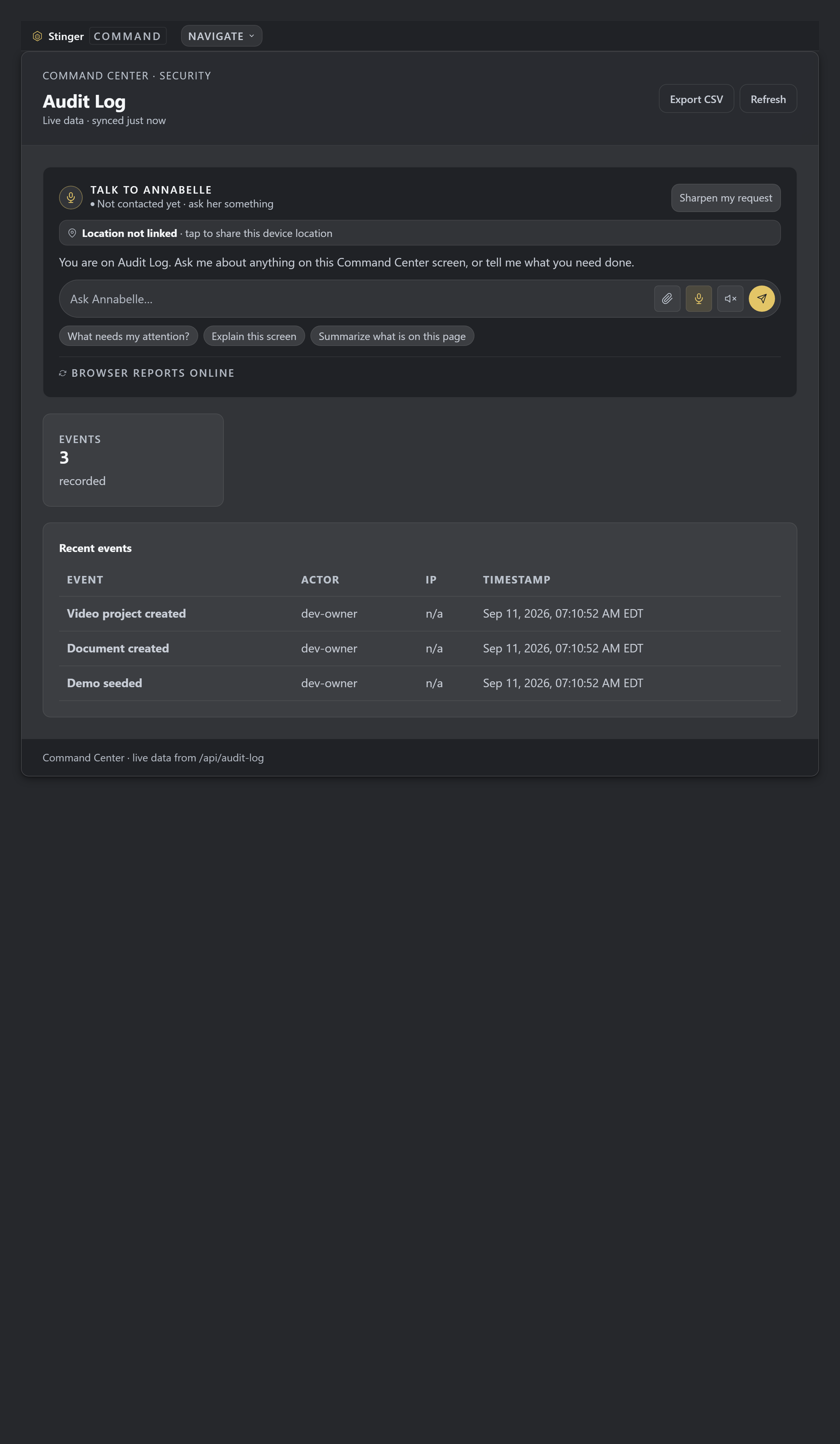 The Command Center history log, where actions around Construction are recorded. Review the history after work is performed, so the recorded actions can be traced in order.